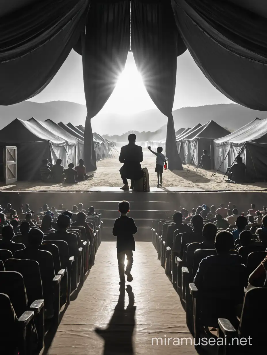 audience seated in the theater seats. On stage, a refugee camp, a beautiful woman and a boy by her side, front and arms open coming out of a tent. A man with a cane walking toward the stage.
