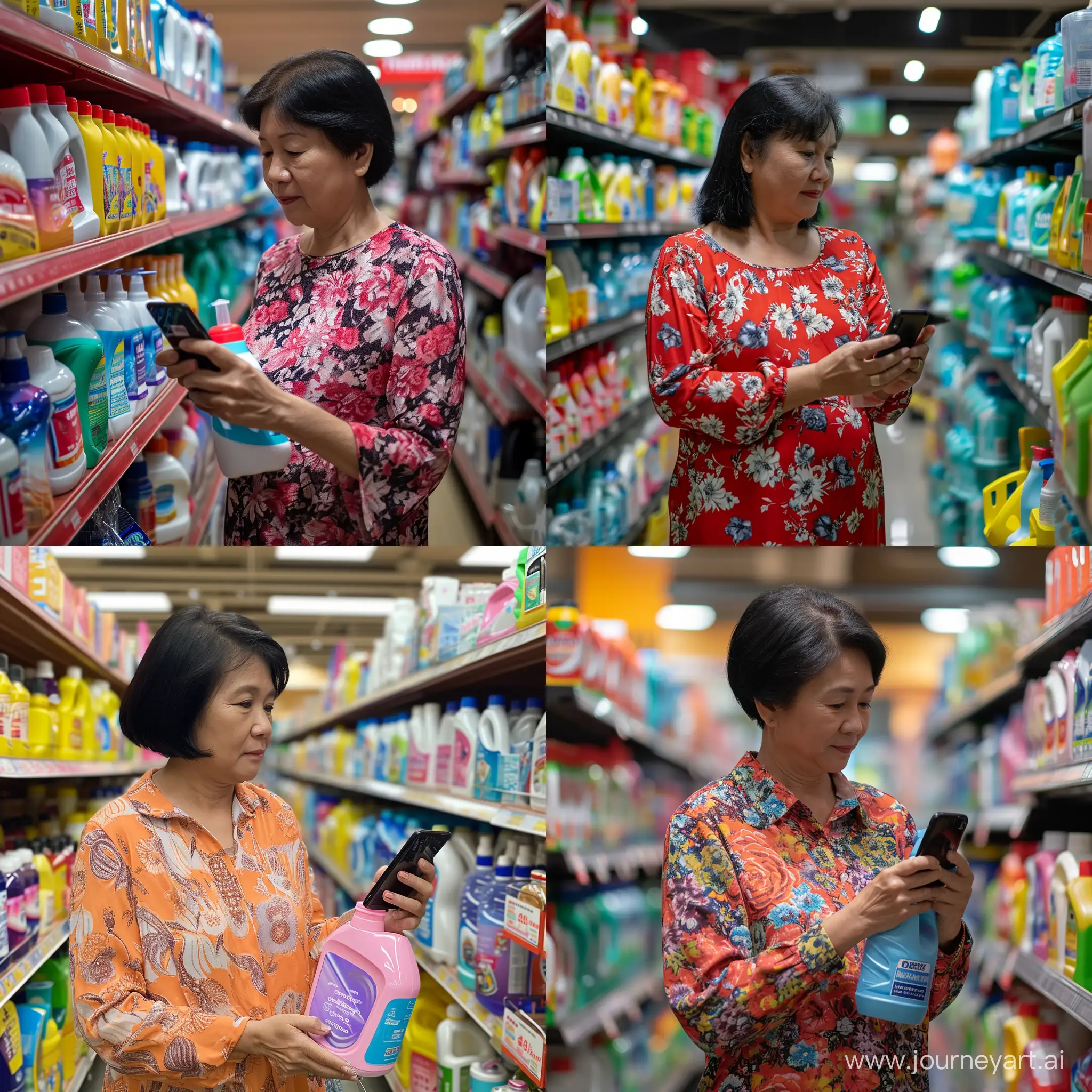 phone photo of asian singaporean middle-aged housewife shopping for detergent posted to facebook in 2022