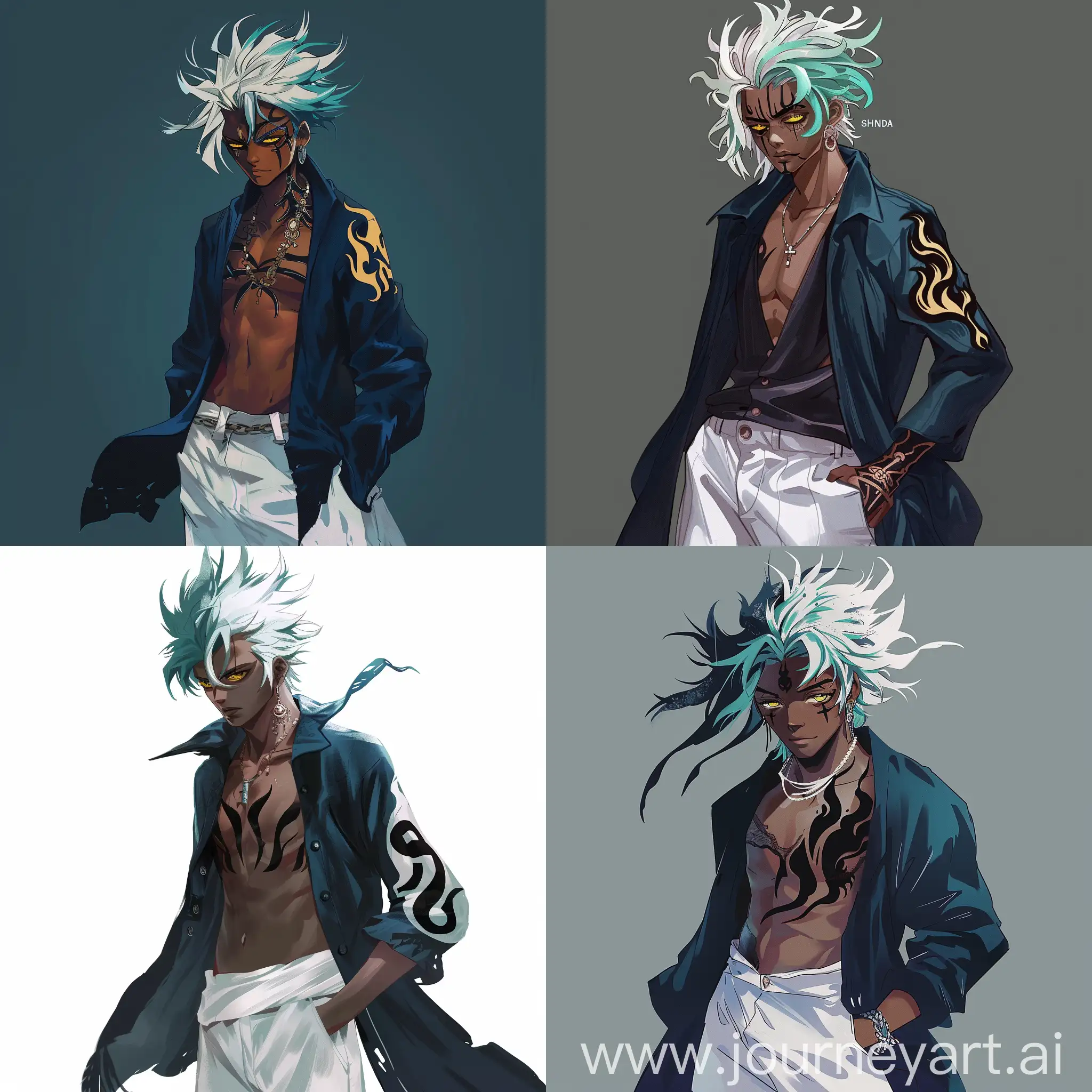 Elvis Tek, a 2.5-meter-tall Shandia youth with dark skin. Wild, spiky white hair tinted with cyan, a few strands framing his forehead and a single lock standing upright. A black tribal flame tattoo covers his right side. His left eye is yellow, his right scarred and missing. Dark blue cardigan left open, revealing his chest. White baggy pants. Anime, One Piece inspired. Dynamic pose, conveying confidence and strength.
