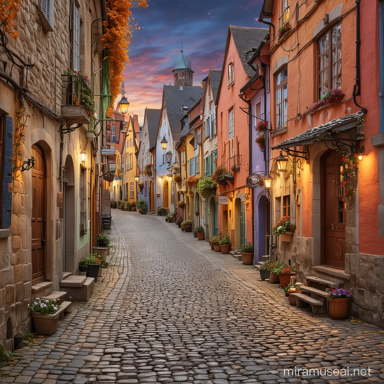 Enchanting Townscape Cobblestone Streets and Hanging Colorful Papers