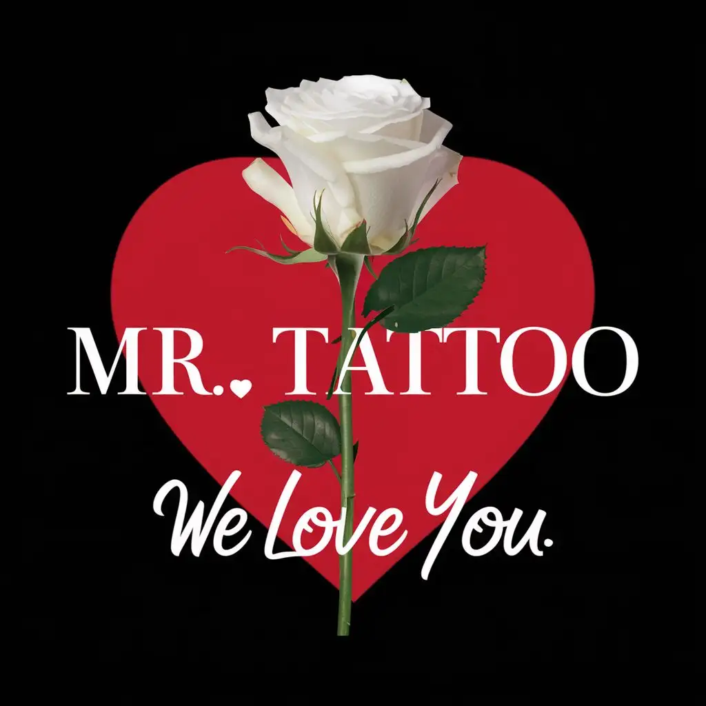 logo, A realistic White Rose and stem going through a red heart on a black background, with the text "Mr.Tattoo We Love You", typography