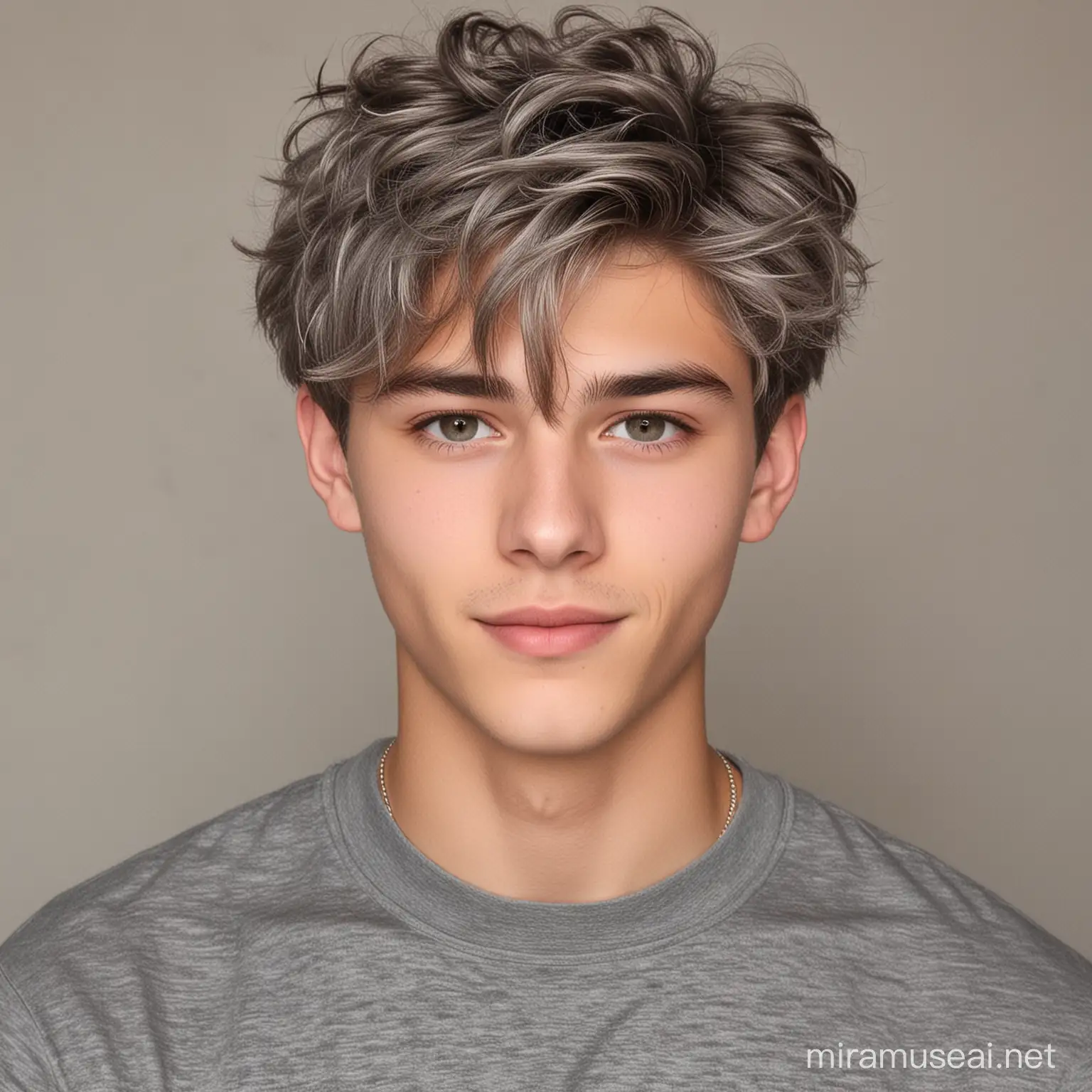 A good-looking boy. He is 18 years old. He has ash gray hair. He has a wavy middle part haircut.