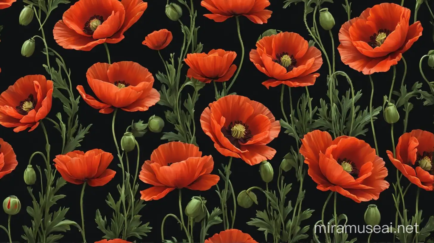 Vibrant Red Poppies Blooming Against Dark Background