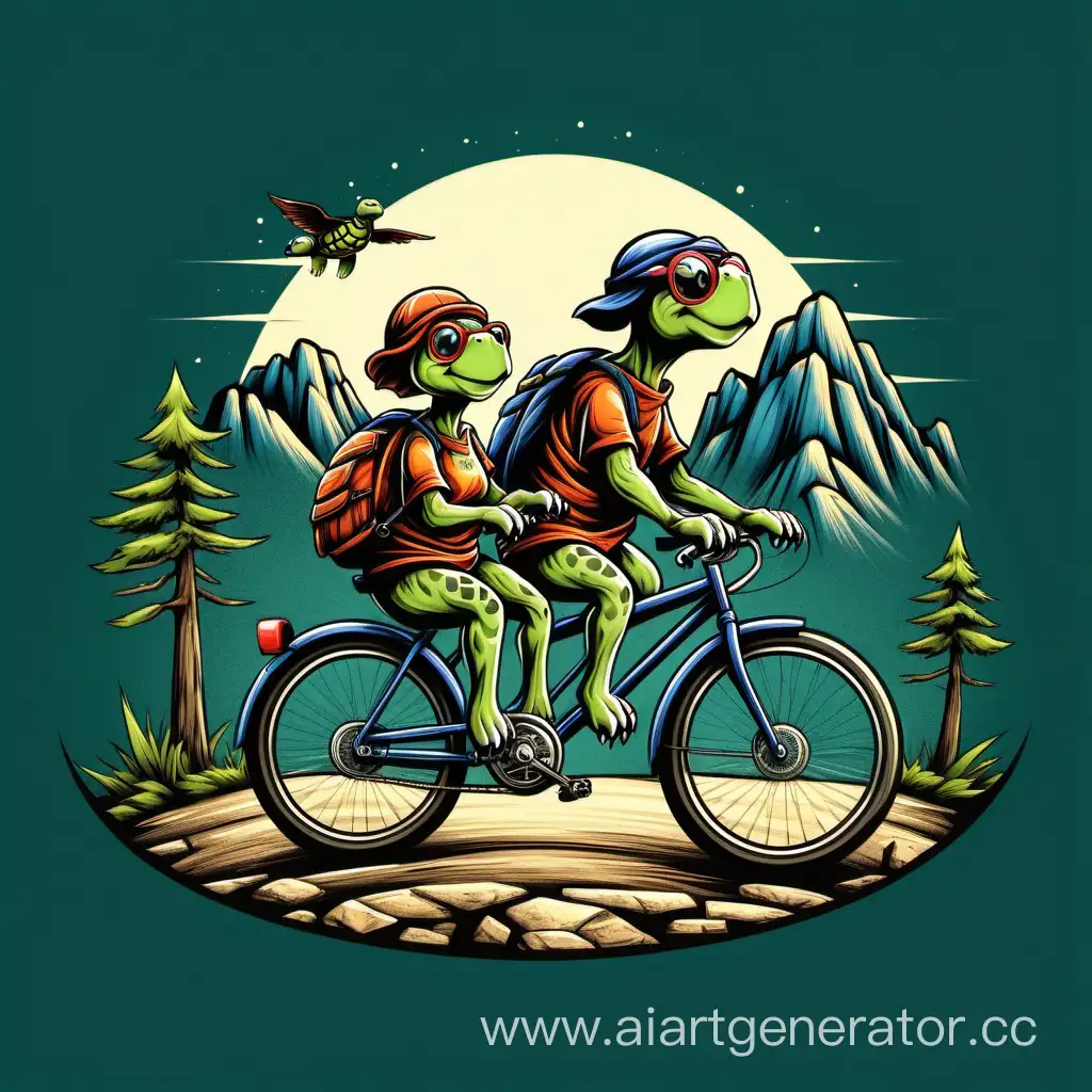 Vector t-shirt design Adventurous dog Wise Turtle and Grandmother on Bikes ROCK THE ROAD Logo