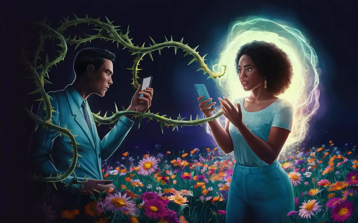Digital painting could show a beautiful ethnic woman standing in a field of vibrant flowers, her phone in hand as she receives messages from a guy. The guy's messages could be represented by twisted vines and thorns creeping up towards the girl, symbolizing his deceitful intentions. The girl could be adorned with a glowing aura, representing the guidance of the Holy Spirit as she contemplates the danger of falling for the guy's trap.