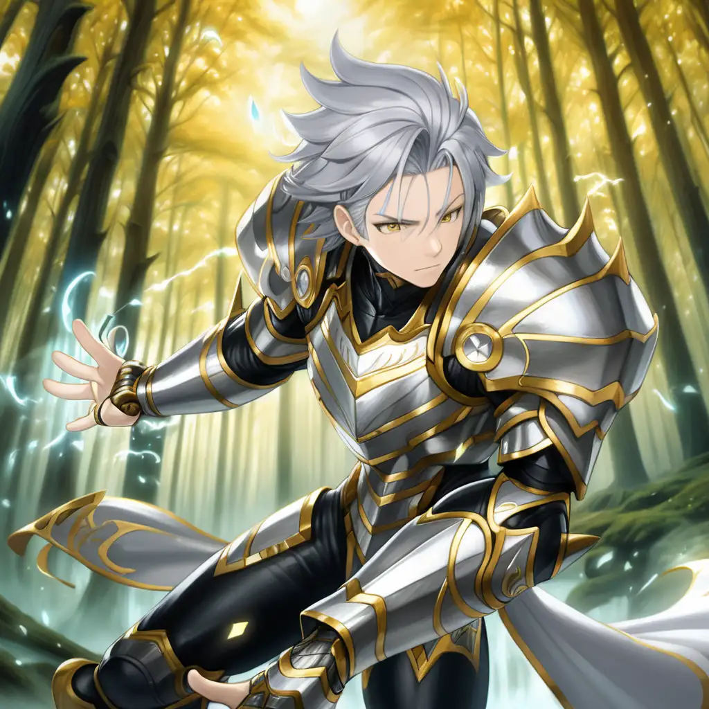 young guy, grey hair, sound waves, dynamic pose, forest, silver eyes, floating, black and gold armor, clear magic