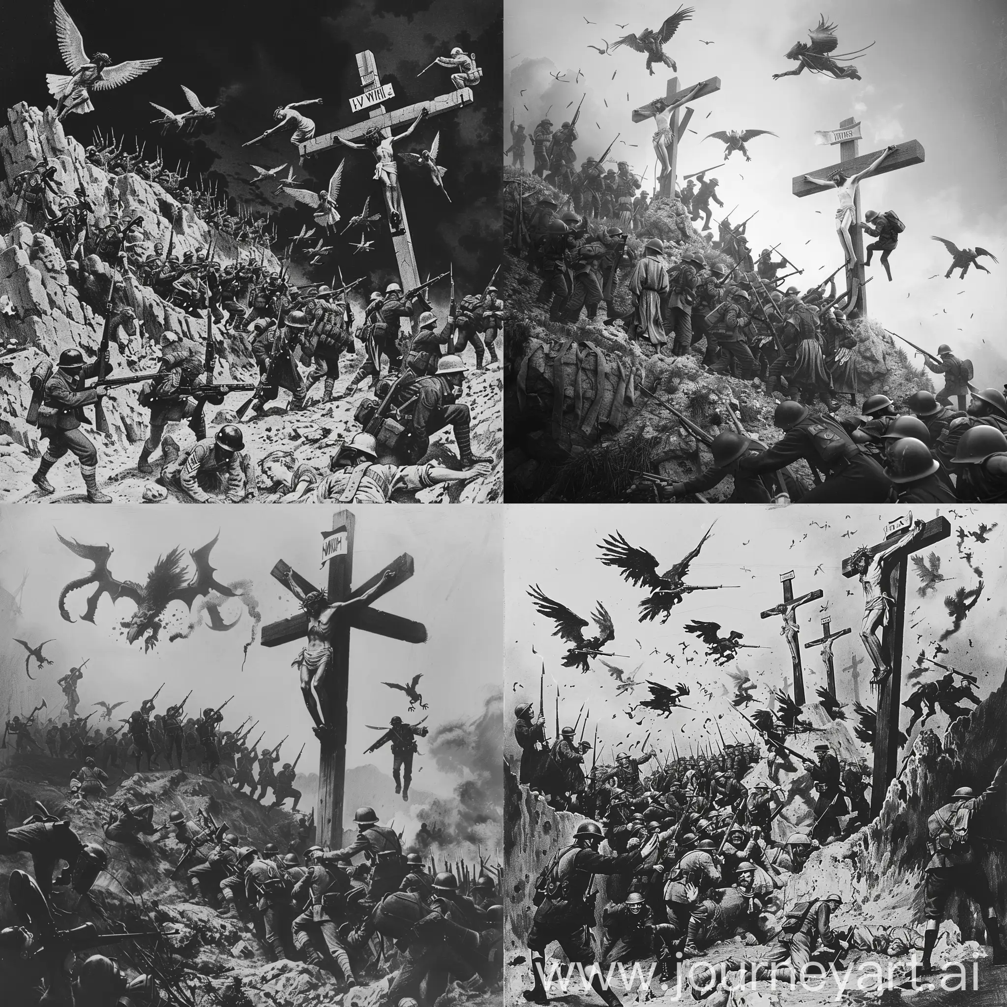 A nightmarish vision of the crucifixtion images of the crucifixion as a black and white nightmare with a crowd of ragged peasants trudging up the hill to the feet of the crosses with a squad of soldiers dressed in WWI uniforms attacking them with rifles and bayonets, as a group of winged creatures observe from above 