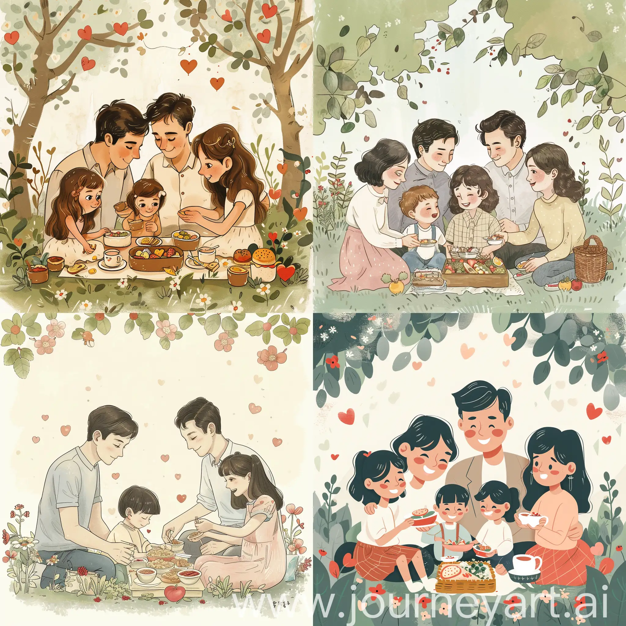 In Valentine's day .The family sat down to eat warmly together. There were father, mother, older sister, younger brother, all having a picnic in the garden.