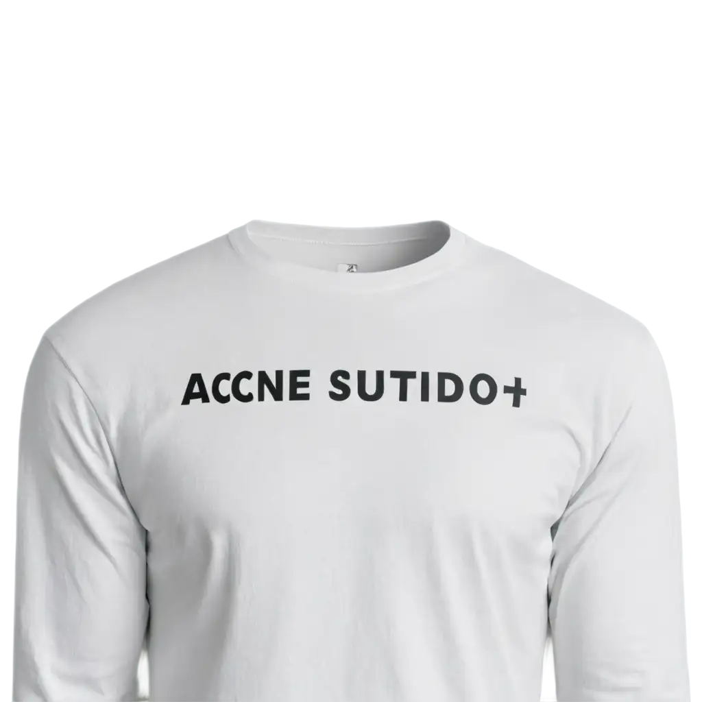 A photo of the text "ACNE STUDIO stockton2096" written on a white long-sleeved t-shirt, posted to Reddit in 2018 with an aesthetic filter applied and while wearing jeans. The photo was taken in the style of ACNE STUDIO.