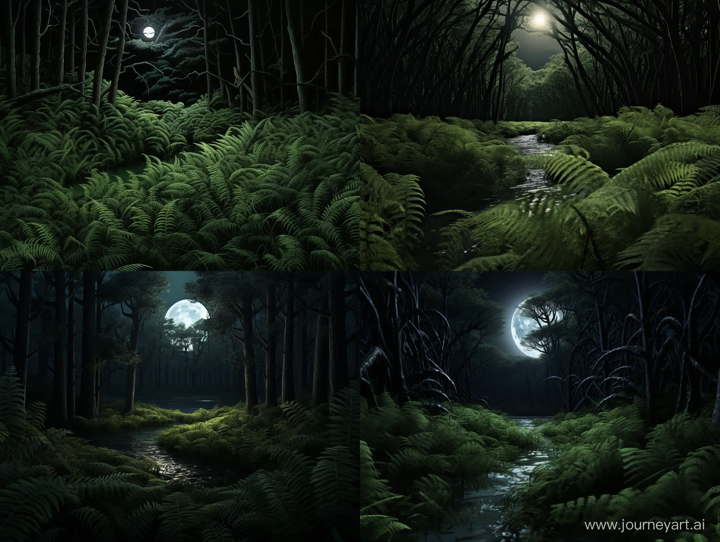 Enchanting-Fern-Carpet-under-Moonlit-Pine-Forest-Canopy