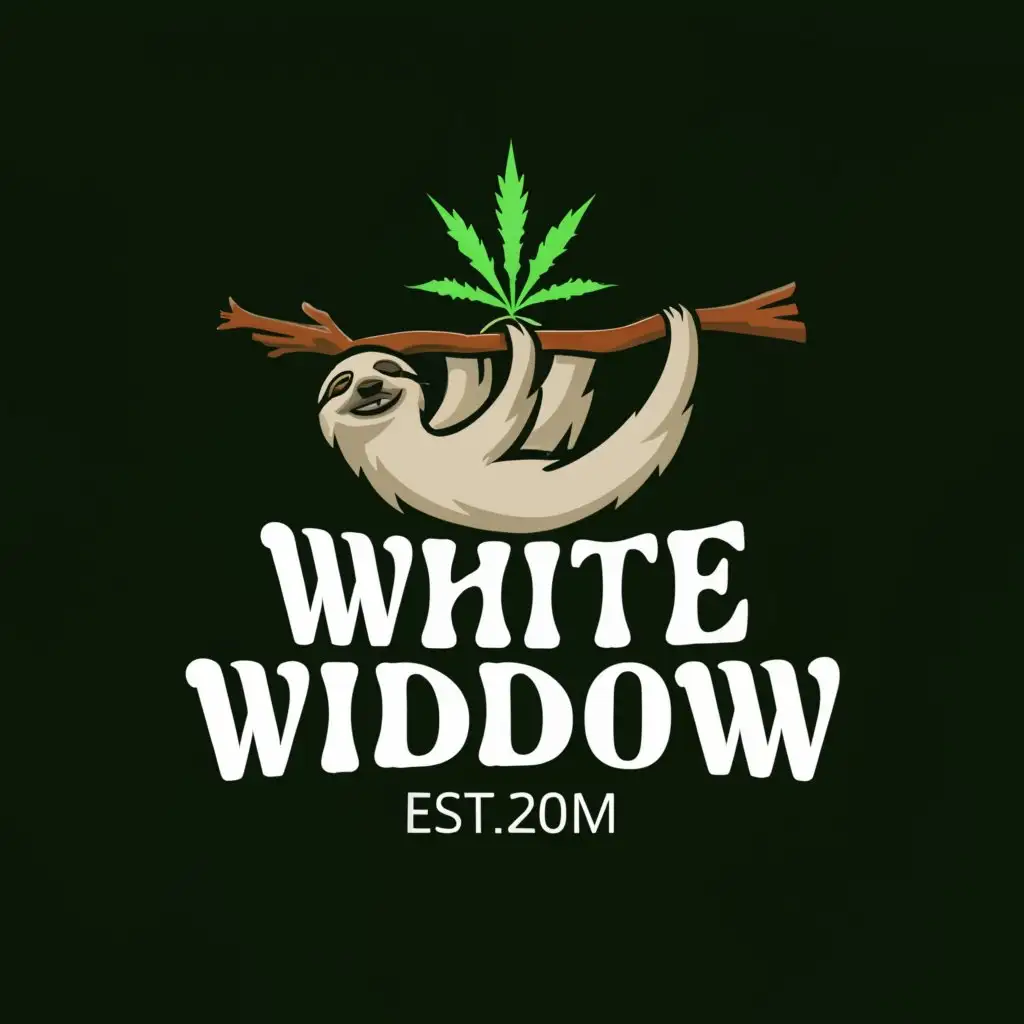a logo design,with the text "WHITE WIDDOW®", main symbol:a female sloath with white fur, which is hanging on a cannabis plant. The sloath is smoking a cigar,Moderate,clear background