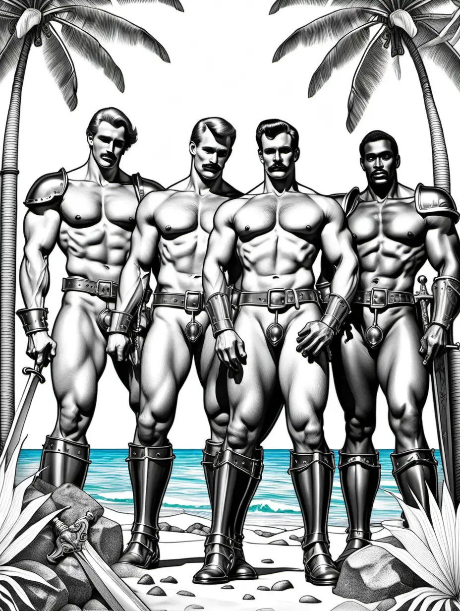 Adult coloring book Tom of Finland with naked medieval knights on a tropical island very detailed and realistic in style of Tom of Finland 

