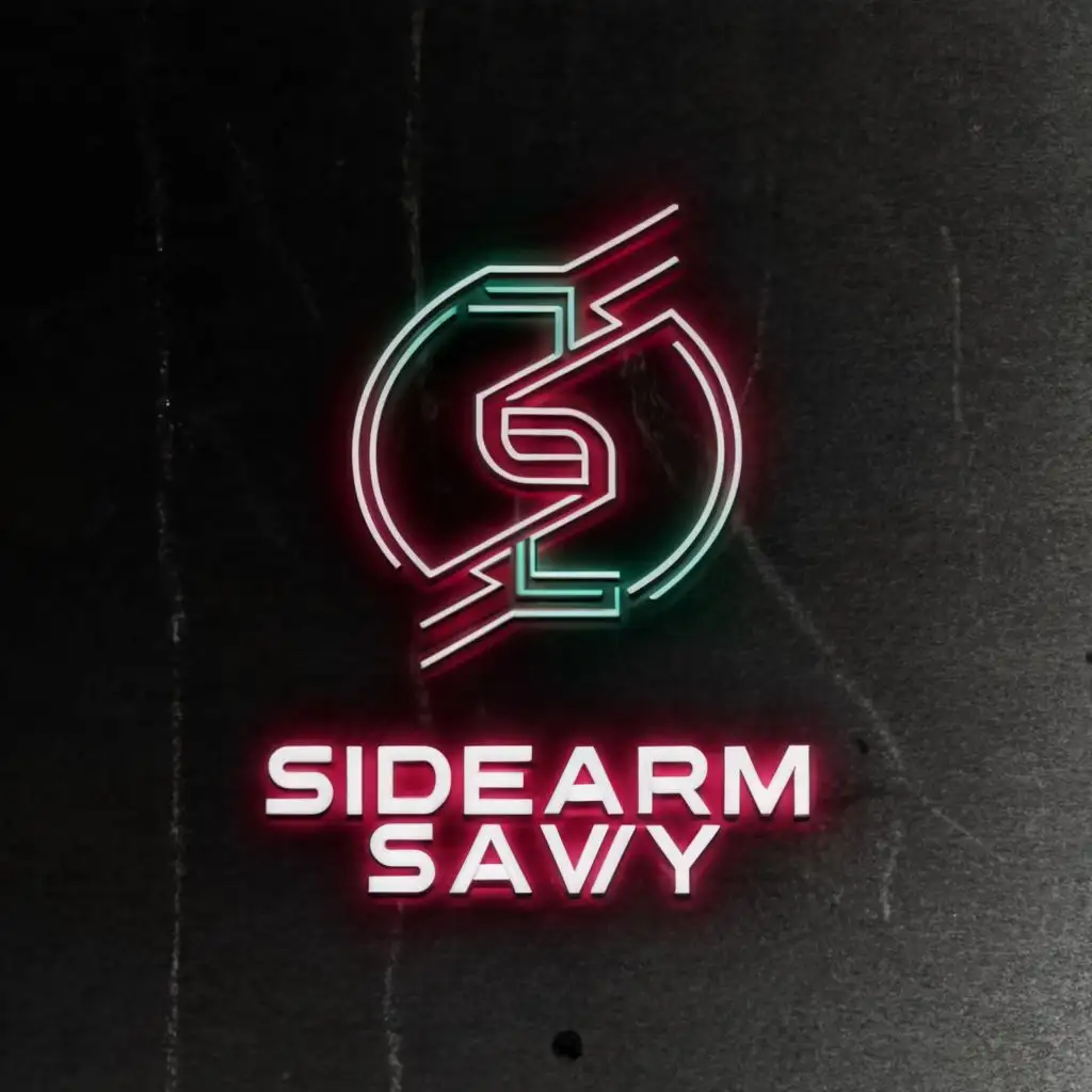a logo design,with the text "Sidearm Savvy", main symbol:SS, smoke, metal, futuristic, minimalistic, neon, crimson and teal, pistols, correct spelling, neon letters, cyberpunk,Moderate,clear background