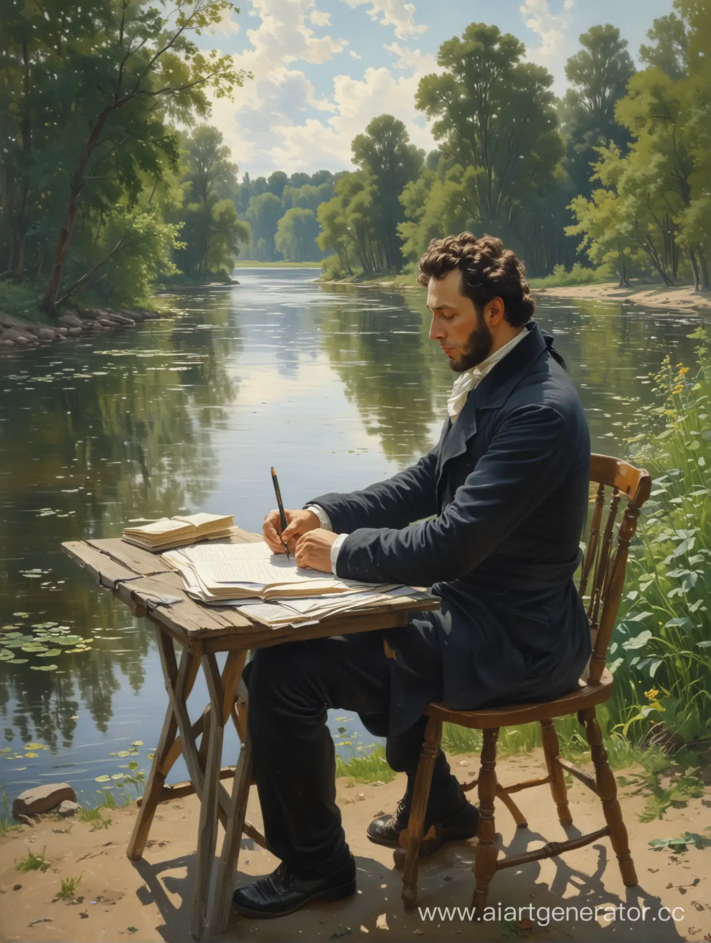 Пушкин, лето, у воды, пишет