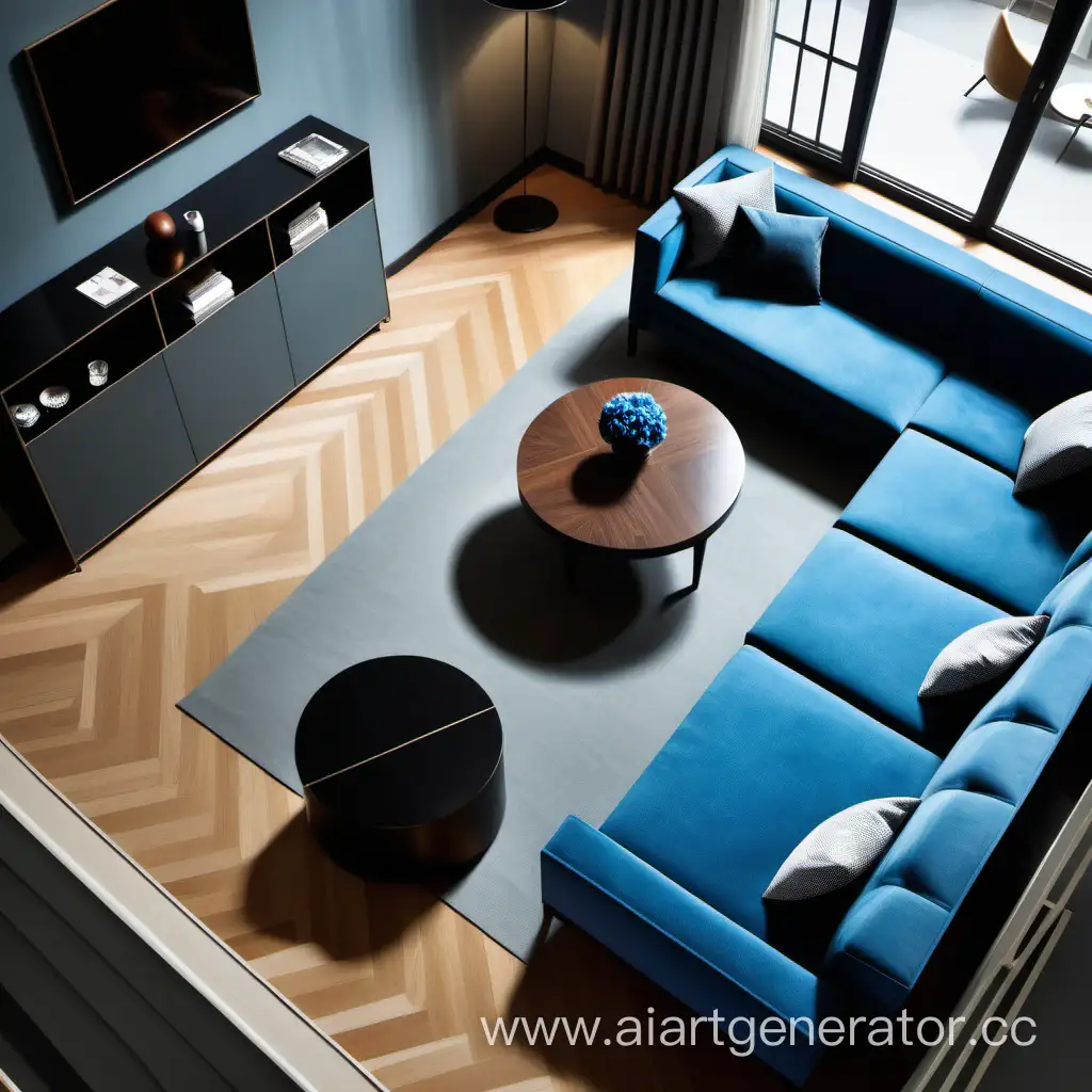 Living room, view from above, constructivism style, sofa, two round tables, armchair, wardrobe, black, grey, wood color, blue
