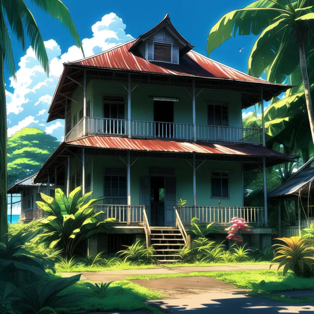  tropical old broken house in jamaica rural village by the beach,  porch, beautiful banana trees, beautiful tropical plants, beautiful tropical flowers, tropical big trees, digital art, ultra detailed, beautiful sky, tropical peaceful village, ultra detailed for everything, UHD, makoto shinkai, codex_401, _v6.0, highest quality, trending pixiv style., brush stroke,  ghibli art, stable diffusion, anime