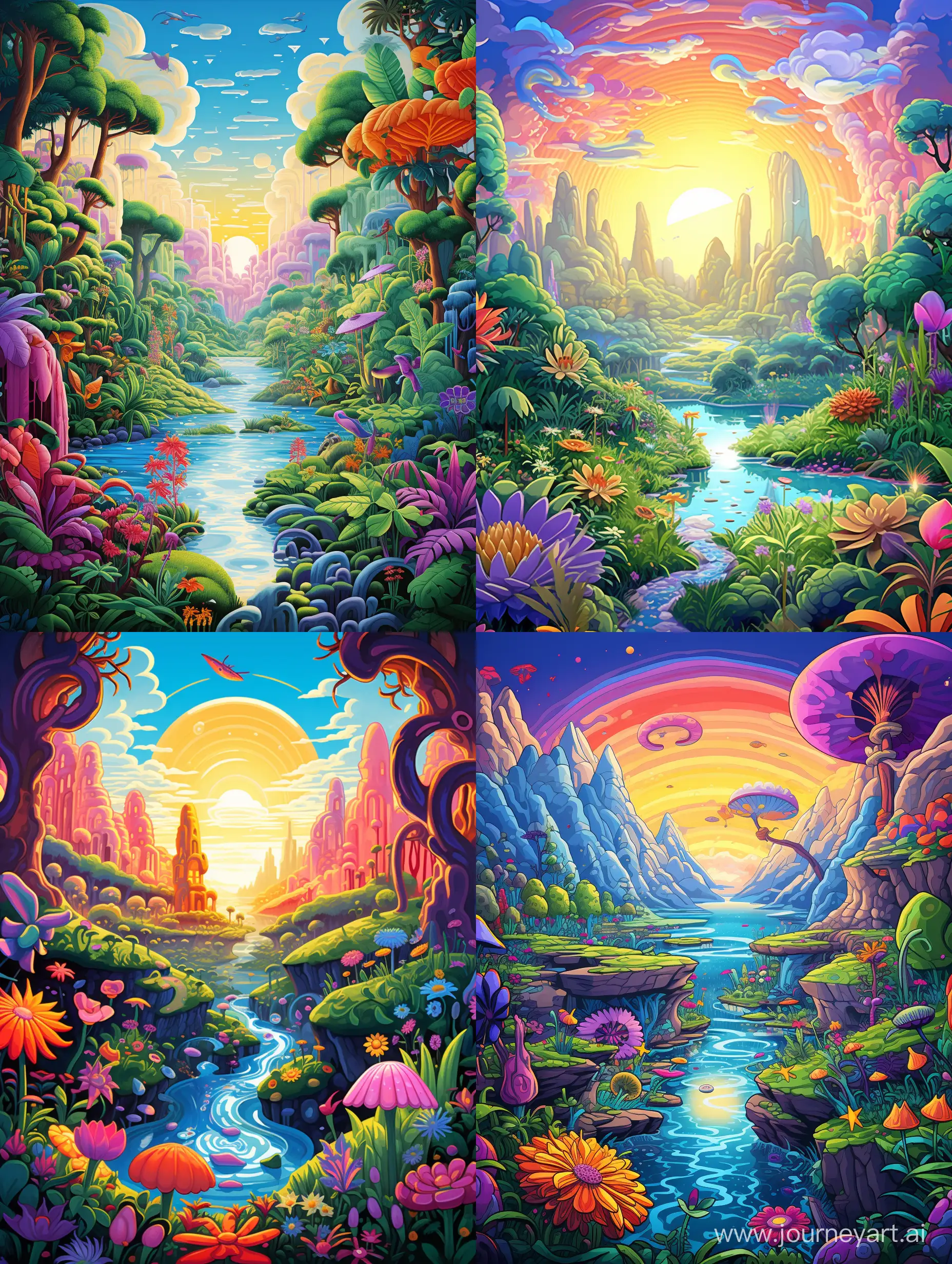 sunny cartoon world, trippy animals, trippy plants, happy peaceful vibrant alien environment