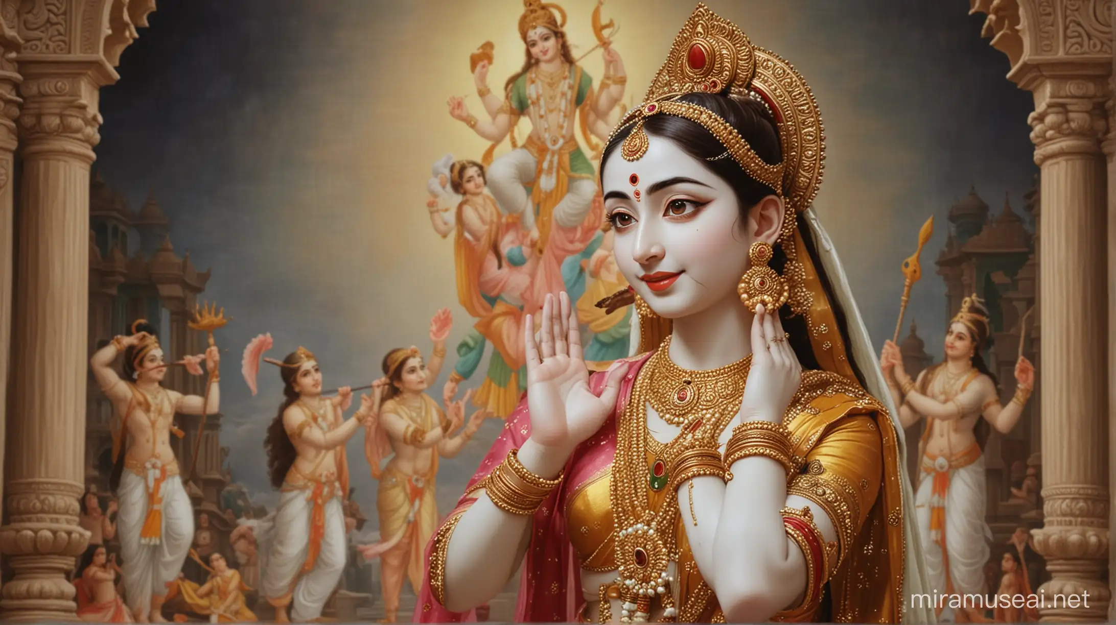 Mirabai image showing dedication to lord krishna with background scene of gokul