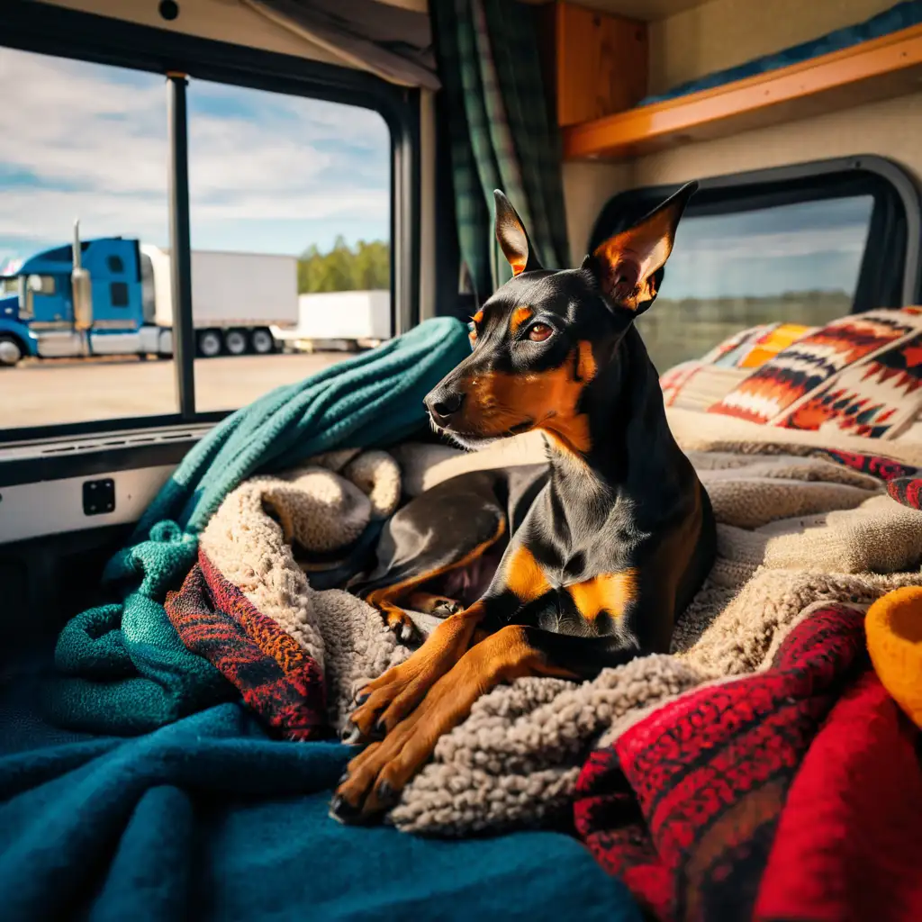 Create an image of a Miniature Pinscher relaxing in the sleeping area of a parked semi-truck at a truckers' rest area. The dog is comfortably nestled among soft blankets, its glossy black and tan fur contrasting with the colorful fabric. The interior of the truck is cozy, with visible details like a small window and personal items suggesting a lived-in space. Outside the window, the rest area is visible with other trucks and some greenery, capturing a quiet moment during a long journey