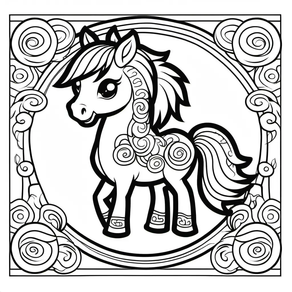 kids colouring book page, lunar new year, Chinese zodiac cute horse,  cartoon style, no shading, black and white only
