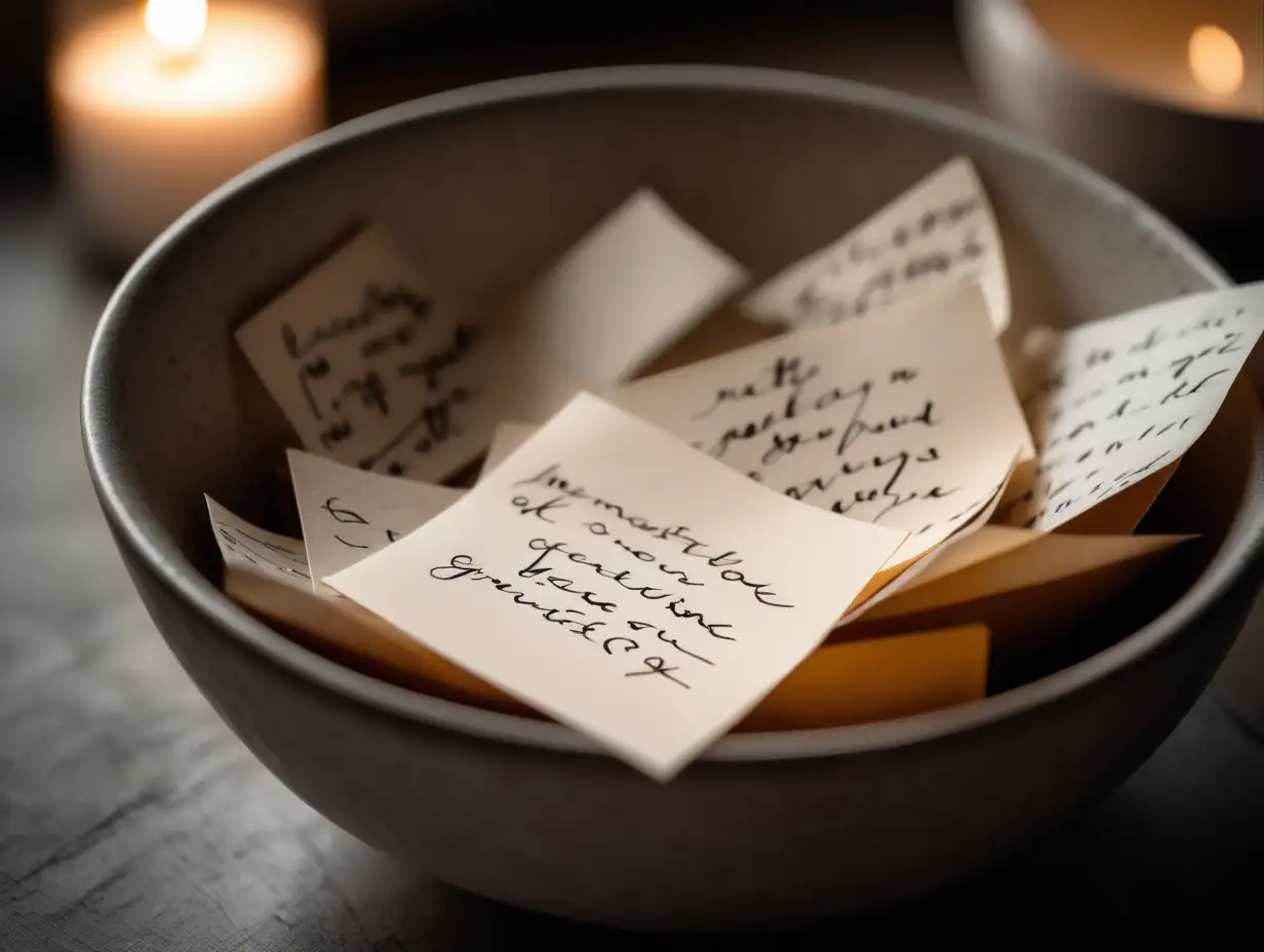 handwritten little notes of gratitude (in English) in a bowl. close up angle of handwritten paper notes in bowl, moody, neutral and ambient lighting, DSLR photography style