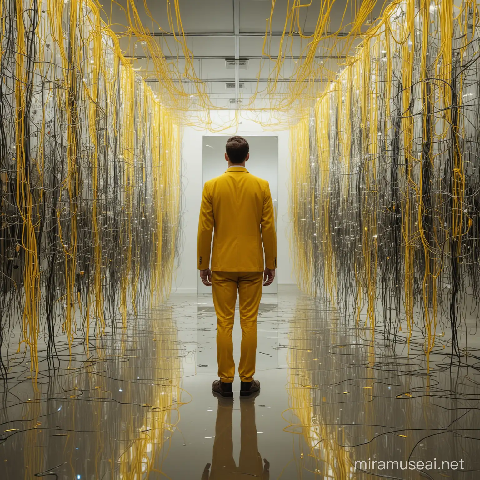 Un homme est face à un miroir et voit son reflet déformé, flottant au milieu de connexions de réseaux informatiques, comme une IA puissante. Tout est jaune.