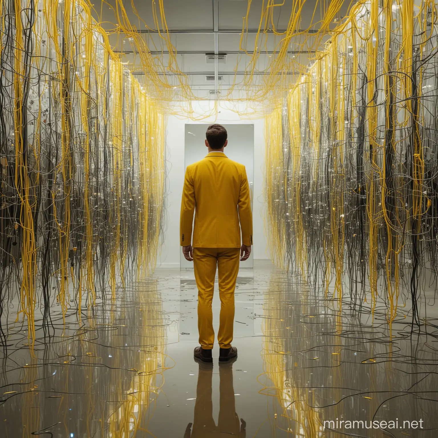 Man Facing Distorted Reflection in Yellow Networked AI Environment