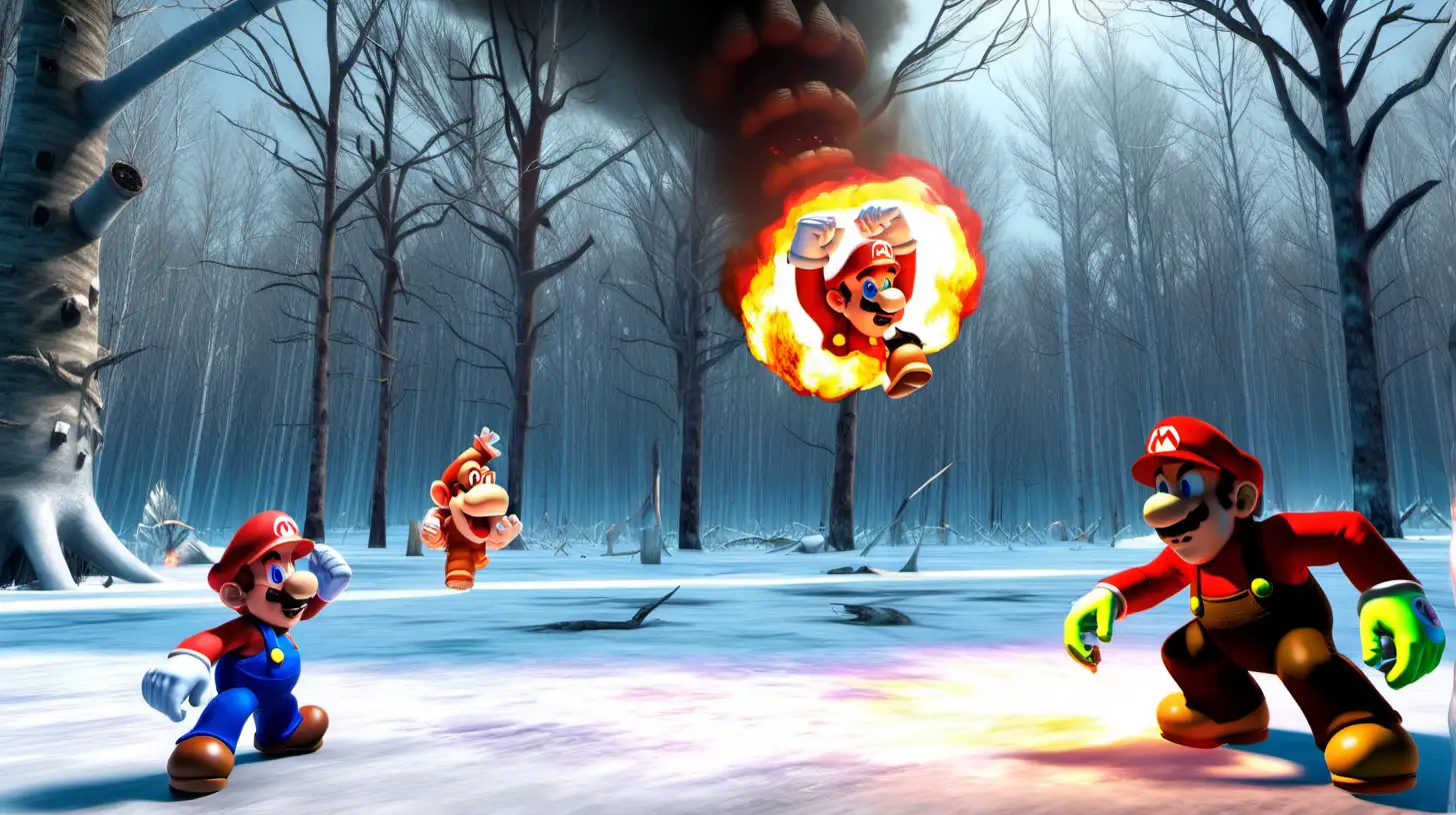 mario on fire in frozen forest while luigi isthrowing a fireball at him with donkey kong  in the tree watching,
 ray tracing