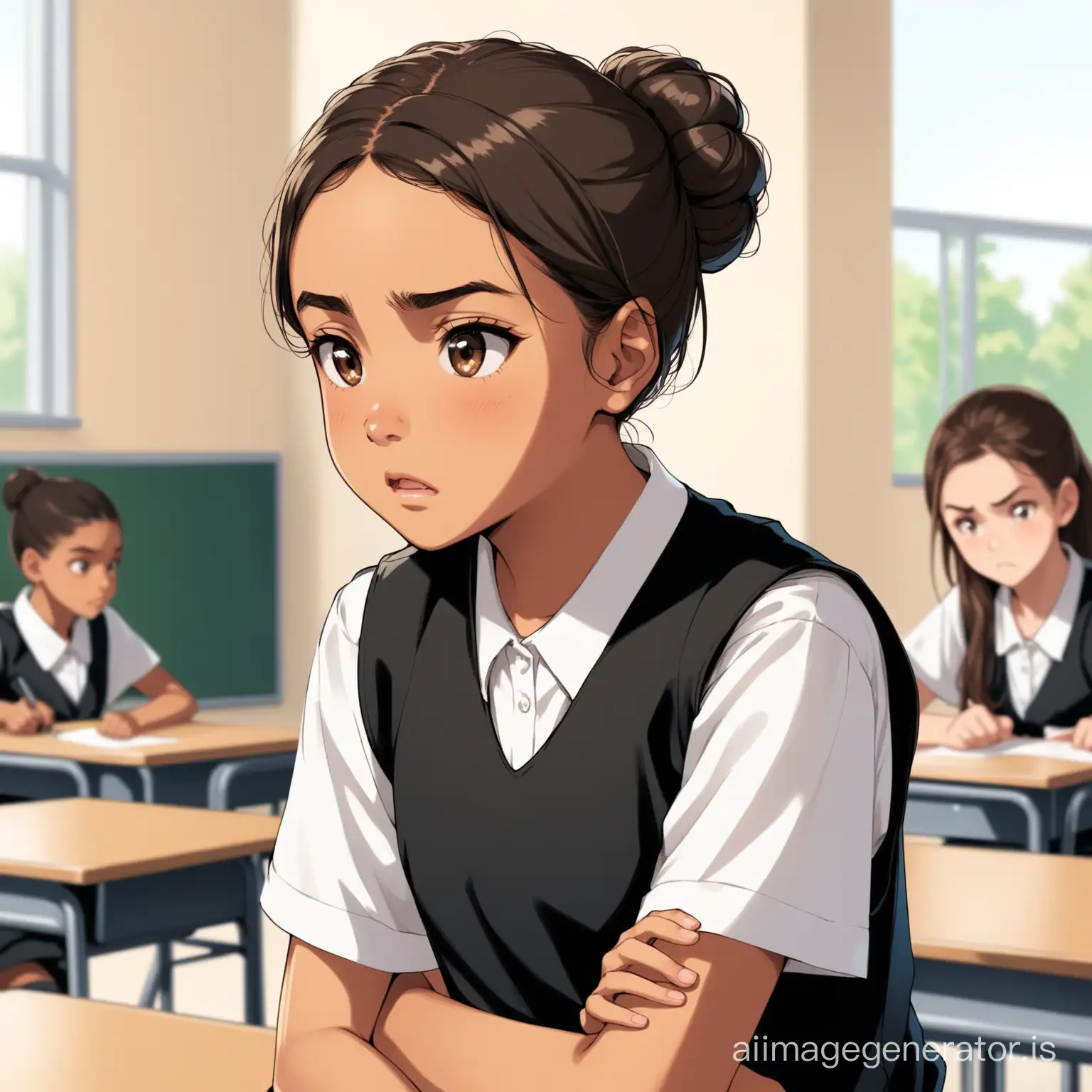 une ado de 14 ans métisse avec un chignon et un gilet noir et un haut blanc qui regarde mal dans une école
