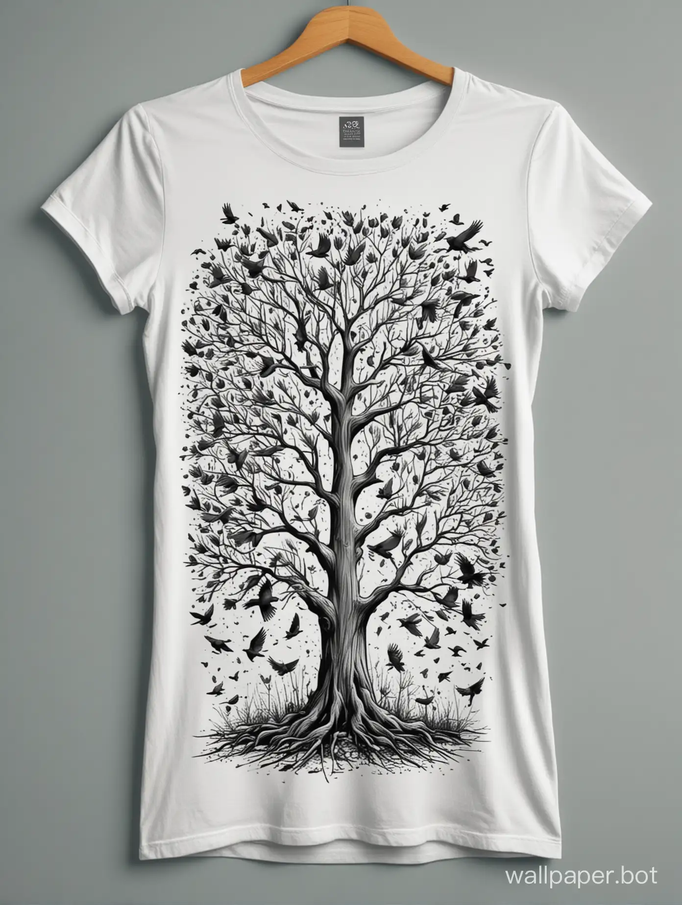 female t shirt mockup template, long shirt, street art style, monochrome tree full of birds illustration on shirt, duocolor  lineart, explosive colors