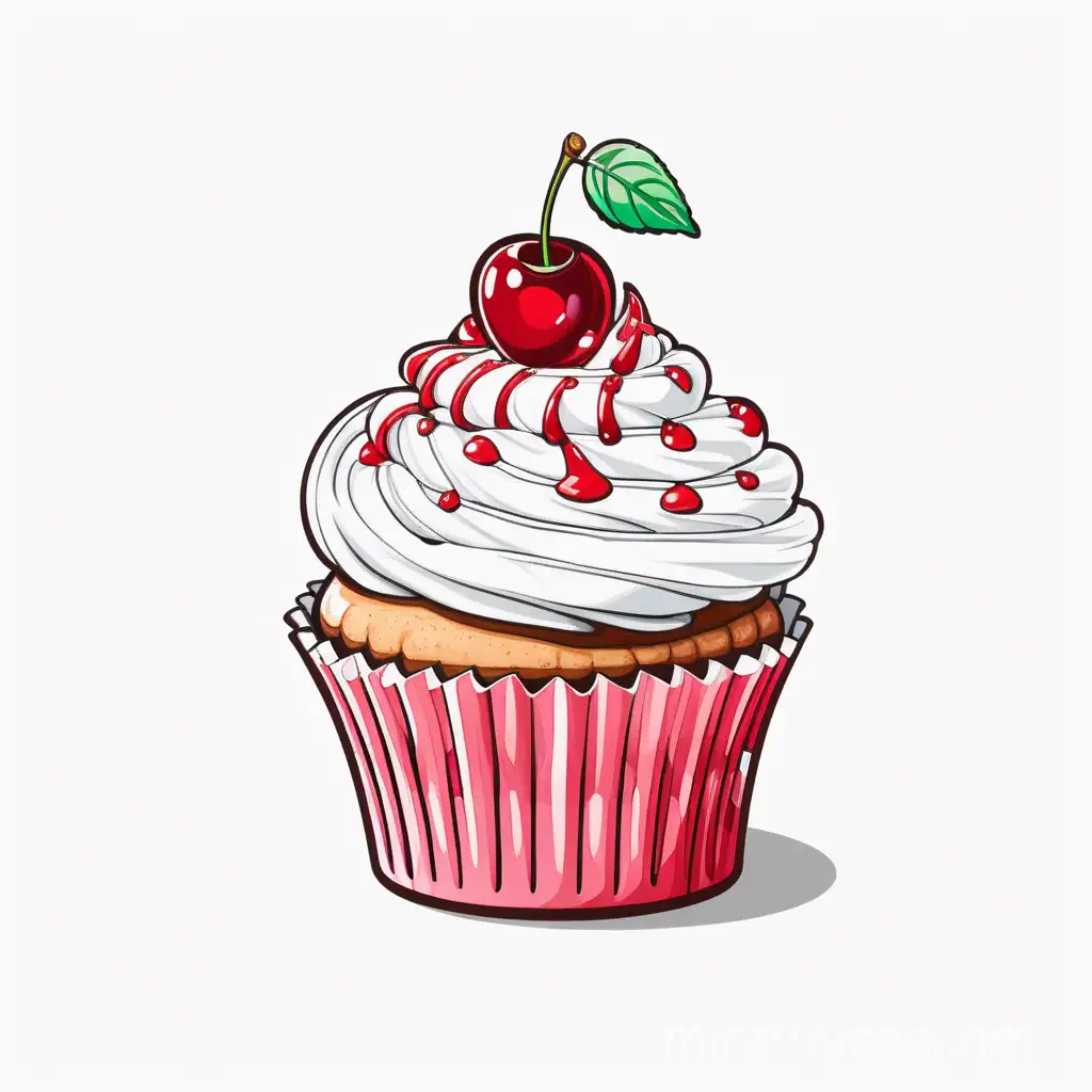 a cartoon art of a cupcake with with frosting an a red cherry on top with white background for a logo