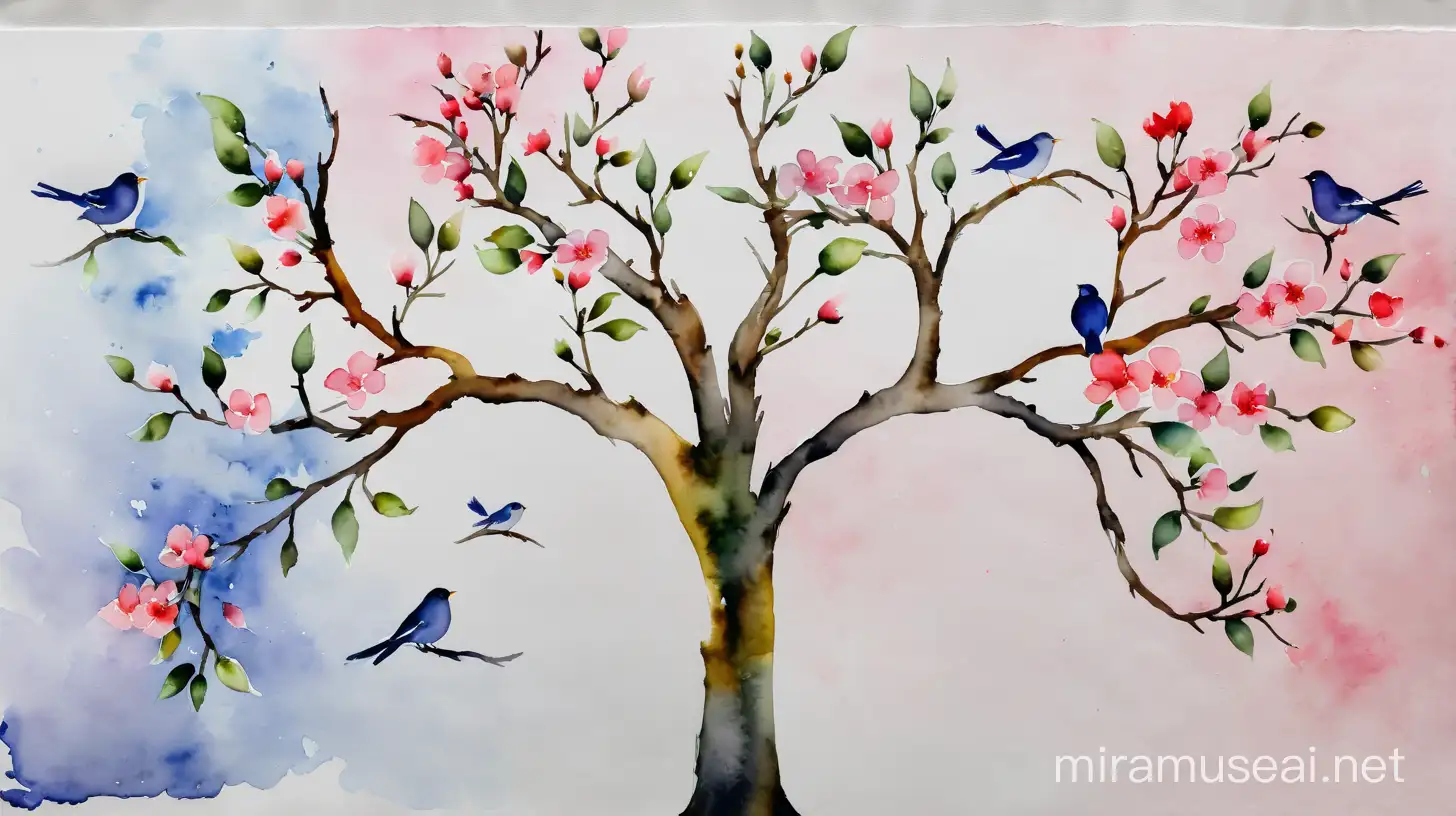 Blossoming Tree with Birds Serene Watercolor Illustration on White Background