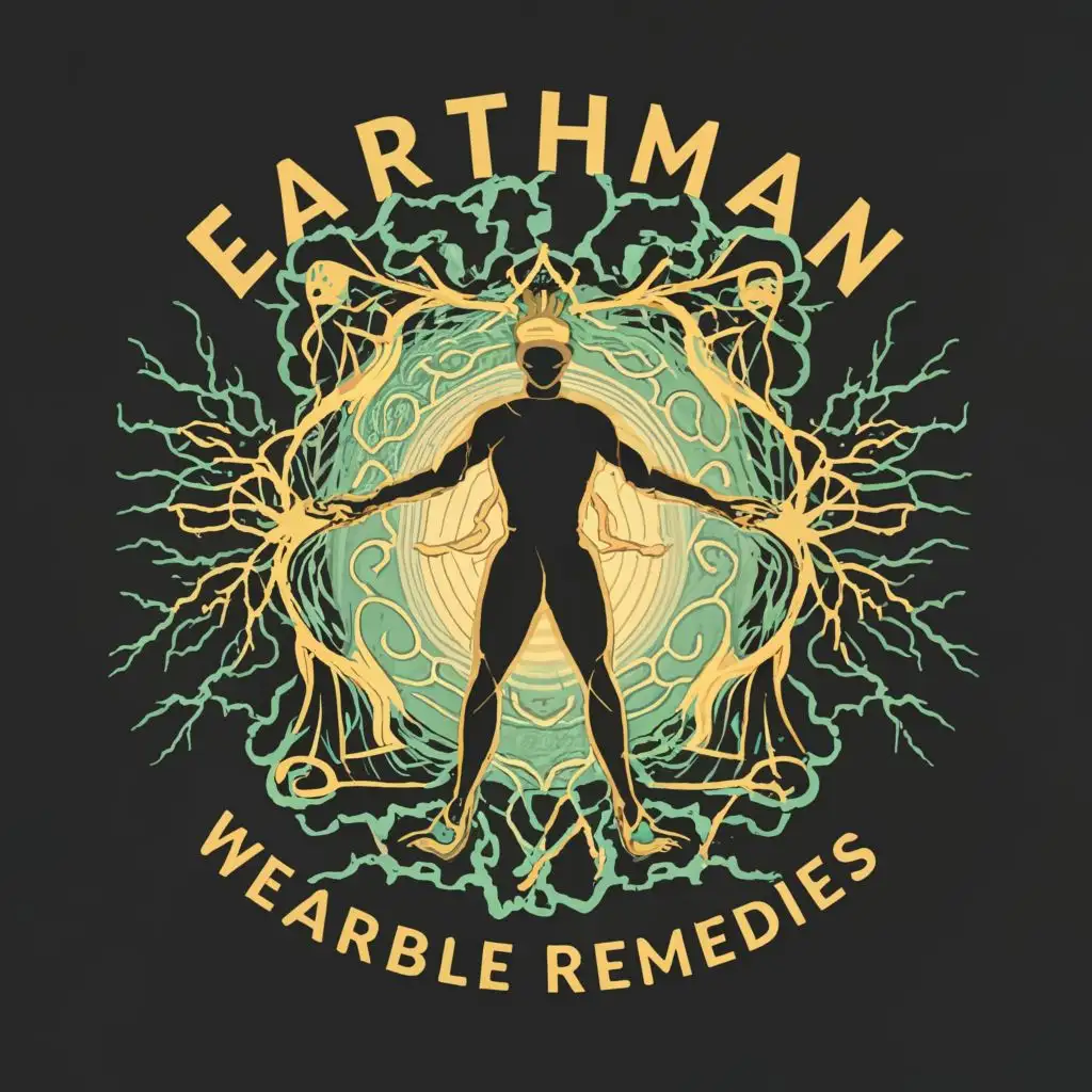 logo, MAN INSIDE THE ELECTROMAGNETIC AURA WITH A POSITIVE CHARGE ON THE RIGHT HAND AND A NEGATIVE CHARGE ON THE LEFT HAND AND HIS FEET GROUNDED, with the text "EARTHMAN WORKS WEARABLE REMEDIES", typography