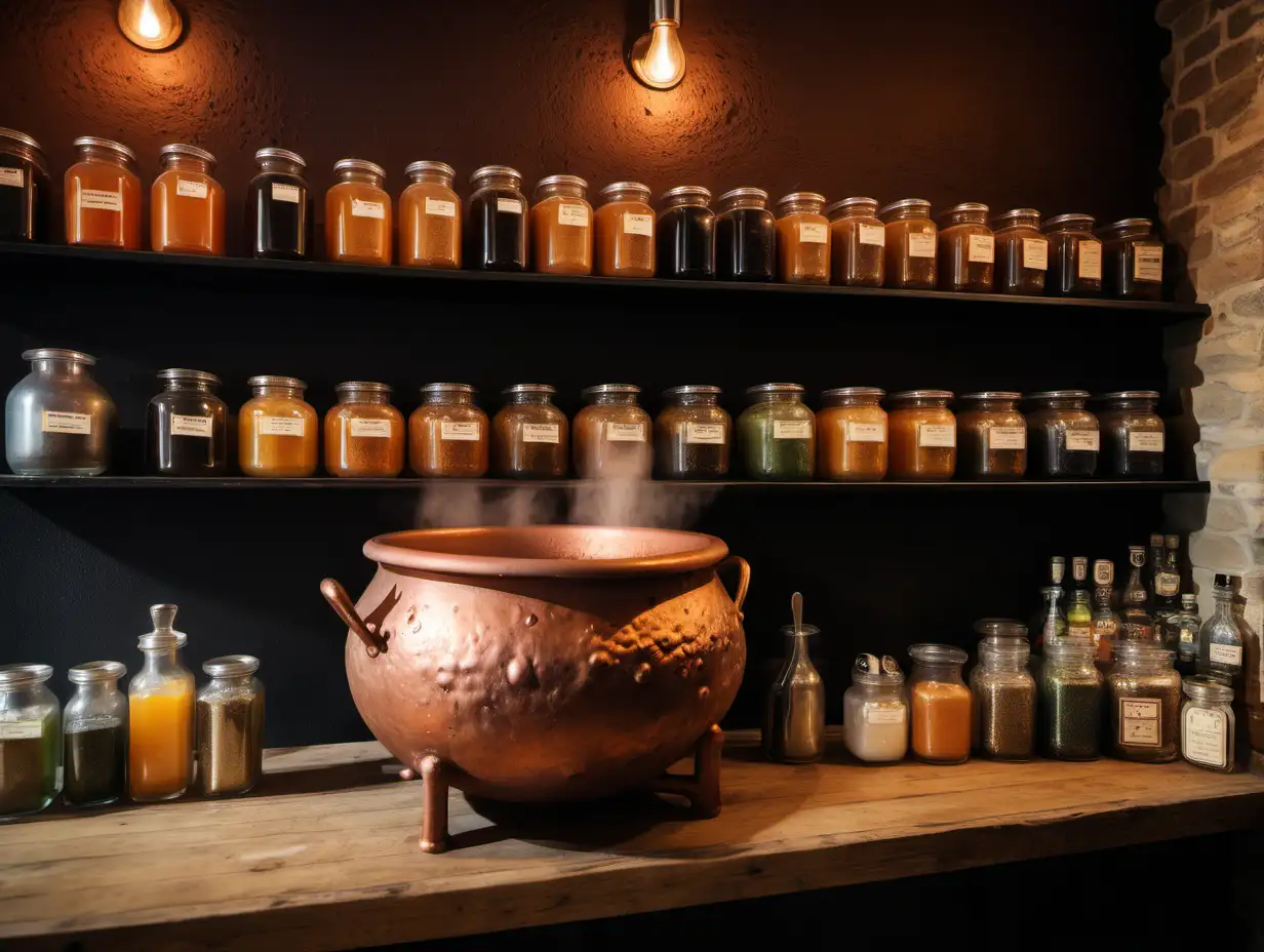Enchanting Cauldron Bubbling in a Cozy Apothecary Setting