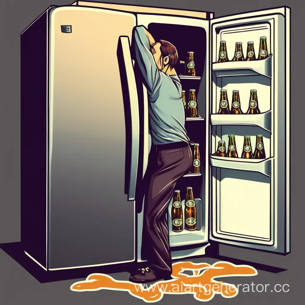уставший человек после рабочего дня тянется в холодильник за пивом