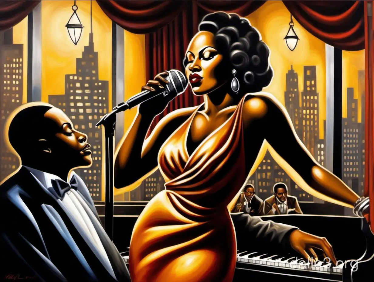 Description: Set within the sultry ambiance of a jazz lounge, this Tamara de Lempicka-style painting captures the essence of a mesmerizing performance by an African-American woman. She stands before a microphone, her presence commanding the attention of the audience with effortless allure. Dressed in a form-fitting gown that accentuates her curves, she radiates confidence and grace as she pours her soul into each note. Her eyes are closed, lost in the music, her lips parted in a passionate expression of song. The jazz lounge is bathed in warm, golden light, casting a romantic glow over the scene. Musicians accompany her in the background, their instruments adding depth and richness to the melody. Patrons of the lounge listen intently, their faces illuminated by the soft radiance of the setting. Through the windows, the viewer glimpses the nocturnal cityscape, alive with the rhythm of the night. The painting captures a moment of transcendent beauty and emotion, celebrating the power of music to uplift and inspire, and the timeless elegance of the African-American woman as she shares her soulful serenade with the world.