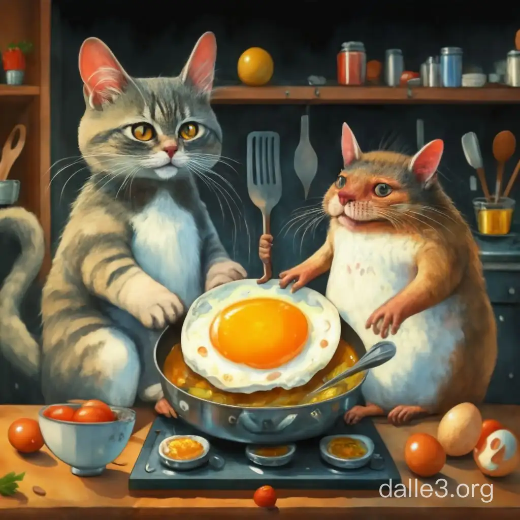 Кот и крот жарят яичницу. Детализация.