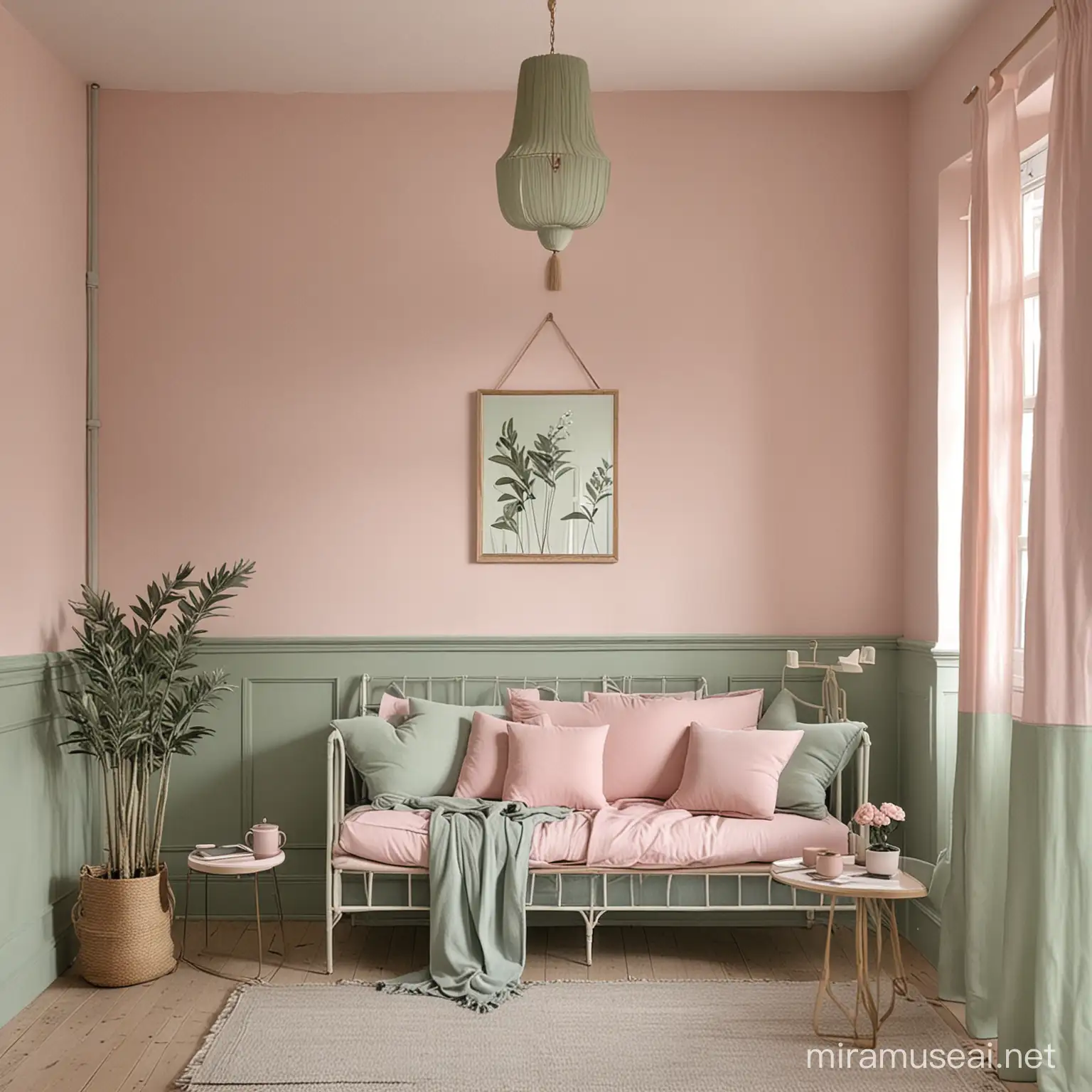 Cozy Chic Living Room with Soft Pink and Sage Green Accents