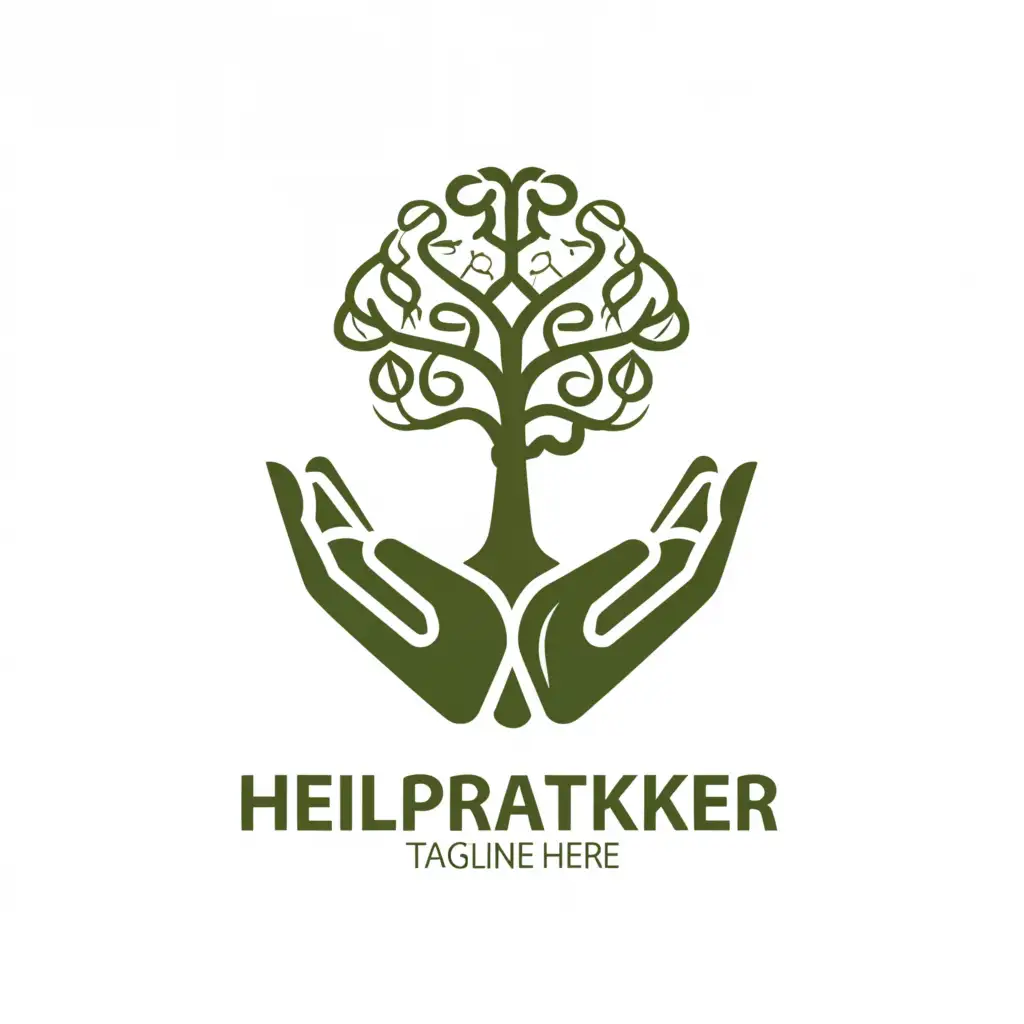 a logo design,with the text "Heilpraktiker", main symbol:humanheart tree, shape with a brain, holding by a hand,complex,clear background