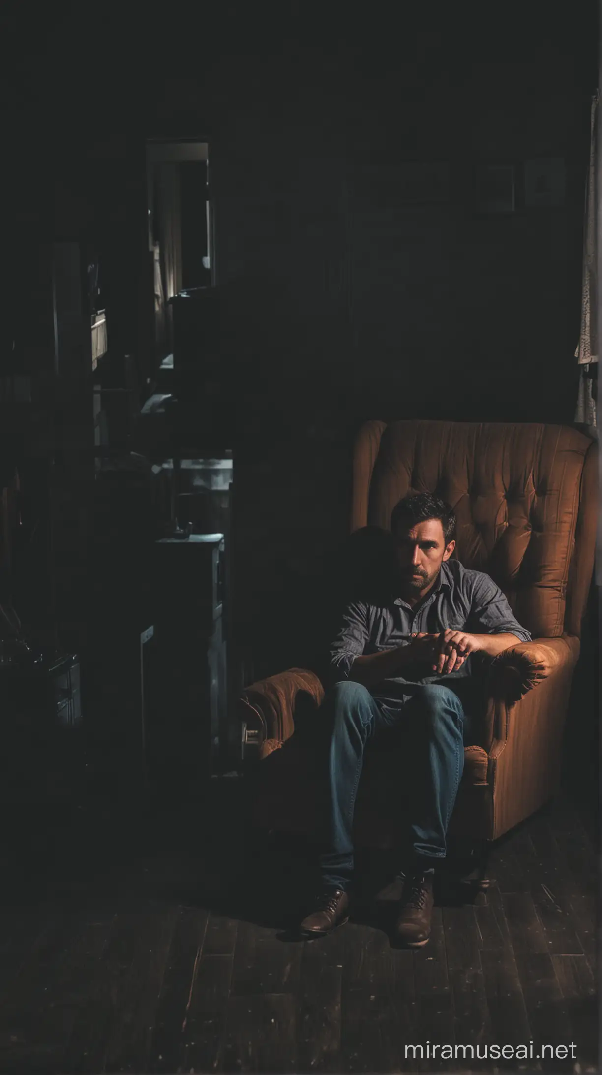 un hombre adulto sentado y atento en un sillon dentro de una casa oscura por la noche