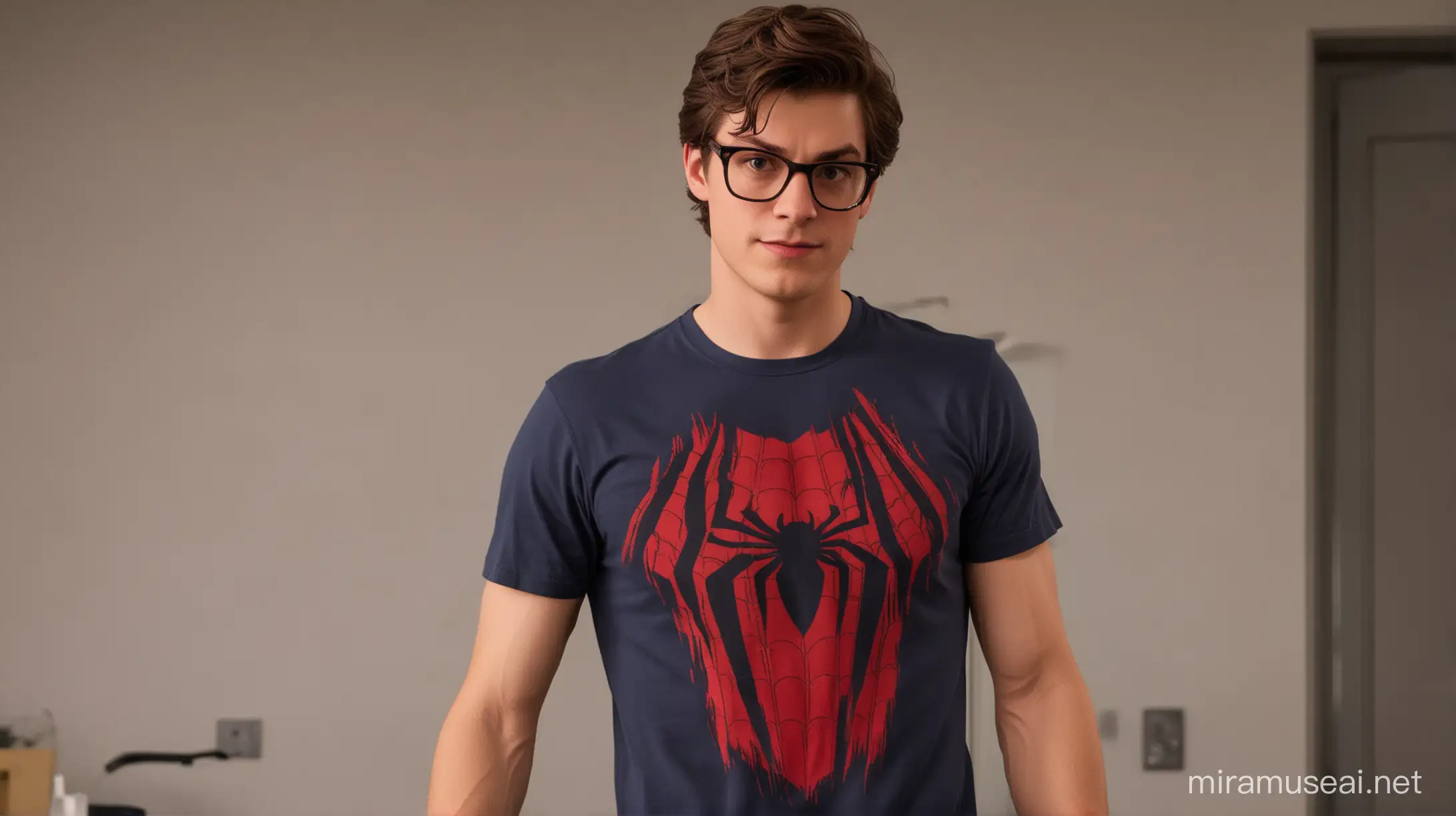 Peter parker pakai baju kaos memegang topeng spiderman