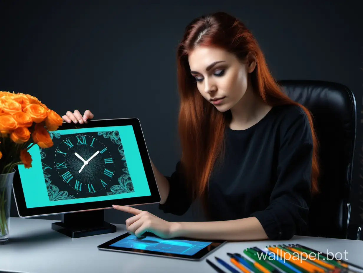 web designer girl draws on a tablet and looks at the monitor, with chestnut medium hair, 30 years old, surroundings dark office, flowers, clocks, color black, green, blue, orange