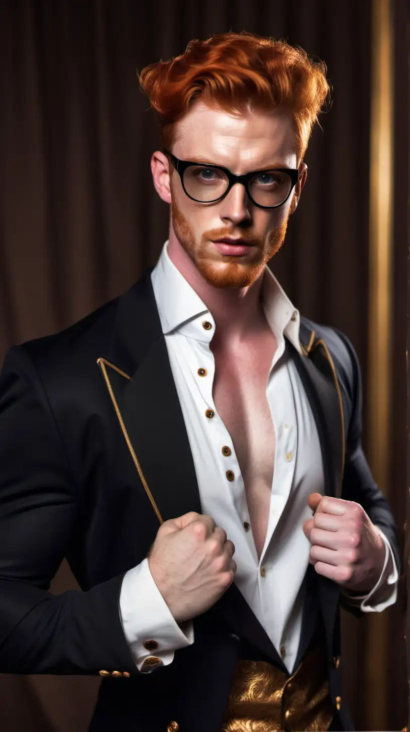 handsome shirtless redhead hunk glasses hairy short ginger hair stubbles amber eyes.
He is voguing in a tailor made matador's outfit, with his shirt open to show his sweaty torso. Ballroom scene
