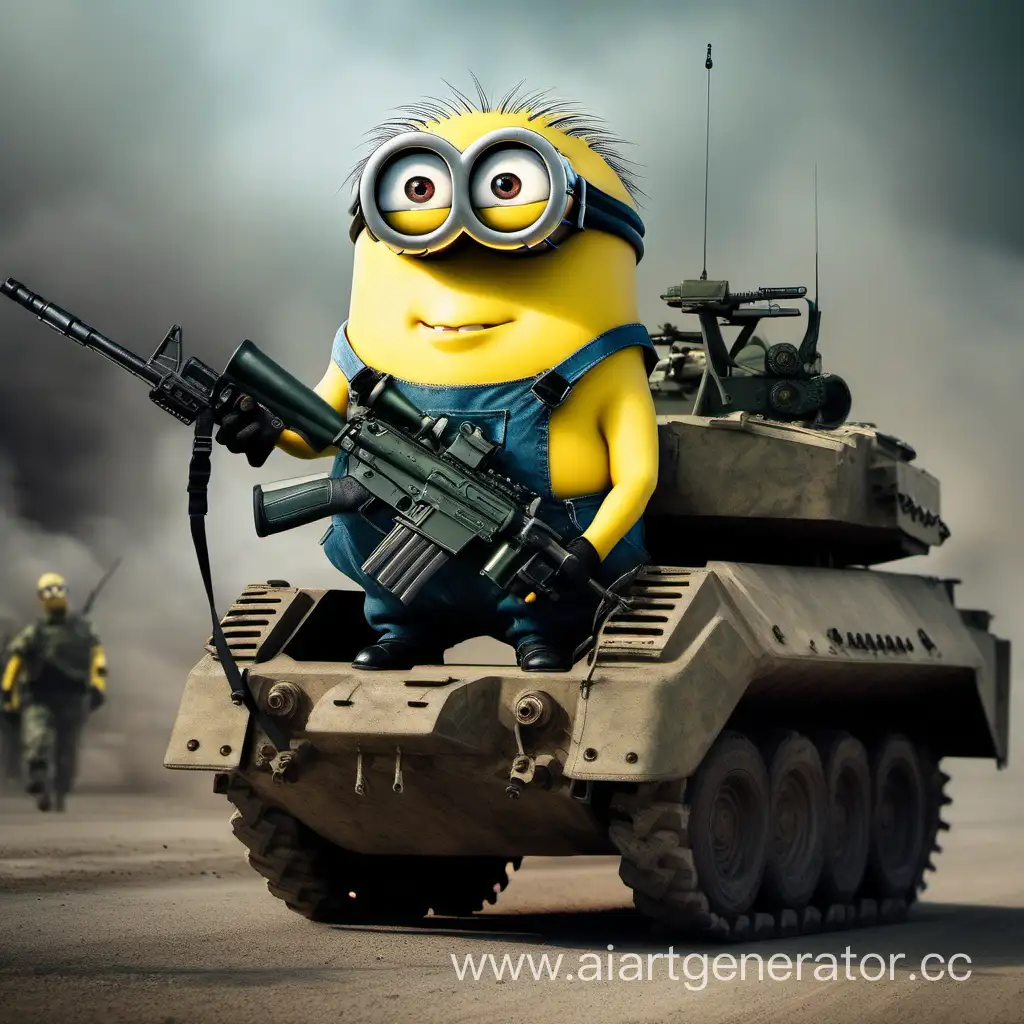 Minion, muscular, Special Military Operation in Ukraine, on a pig, with weapons, tall