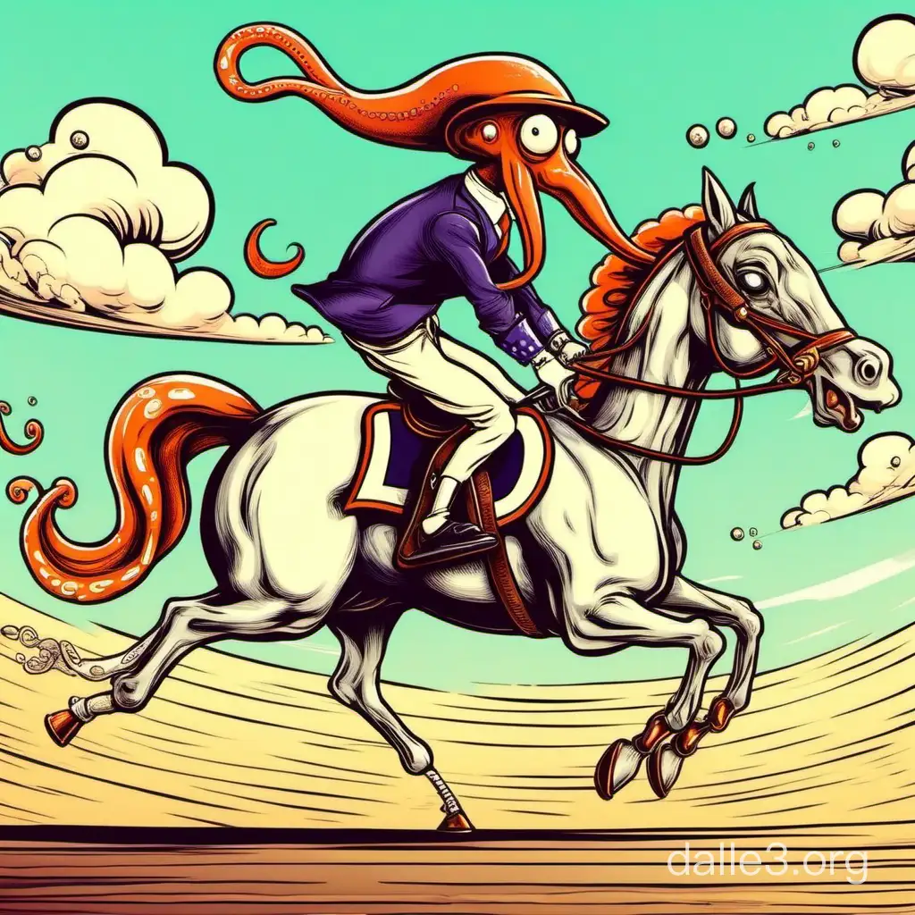 cartoon Squid riding a race horse