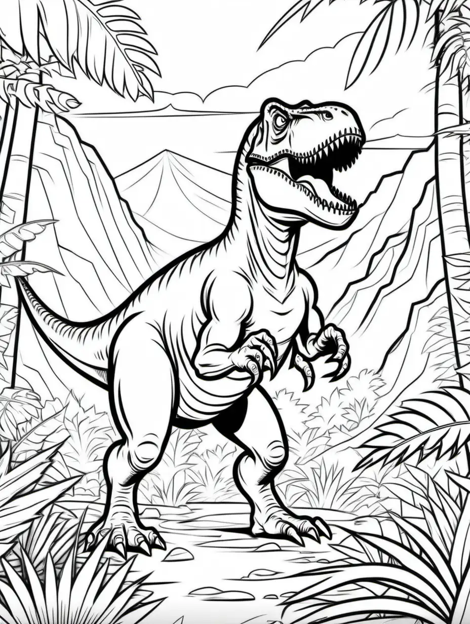 coloring page for kids, tyrannosaurus rex in a jungle, cartoon style, thick lines, low detail, no shading -- ar 9:11 --v5