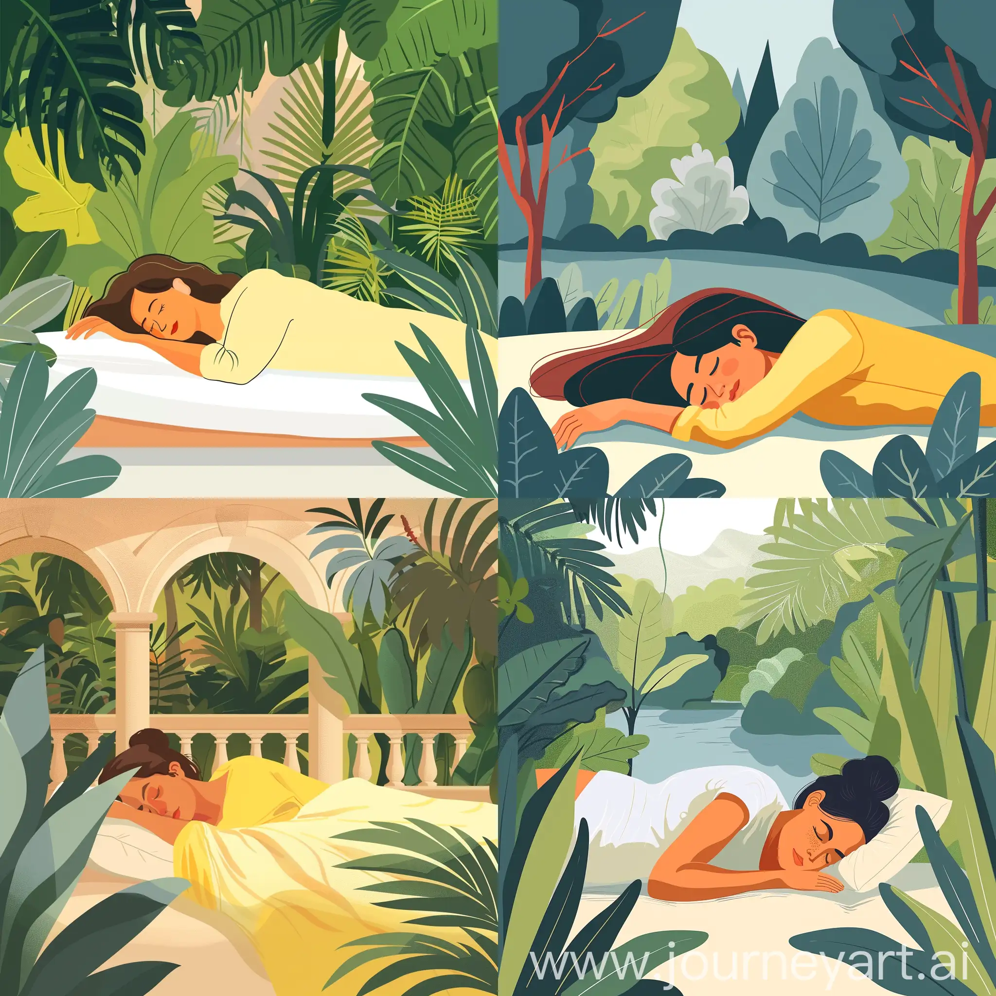 A women of age 40 sleep in cool place with surrounding beautiful park of animated