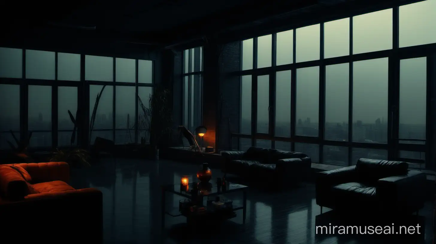 generate a spaceou d moody scene inside an apartment loft, with big open windows the mood should be dark with oranges and night time very david fincher