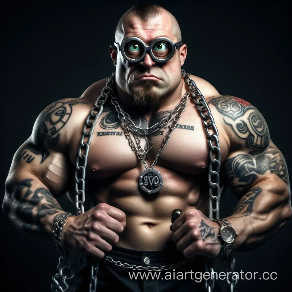 Миньон накаченный на стероидах русский патриот с татуировкой SVO в цепях с сигарой