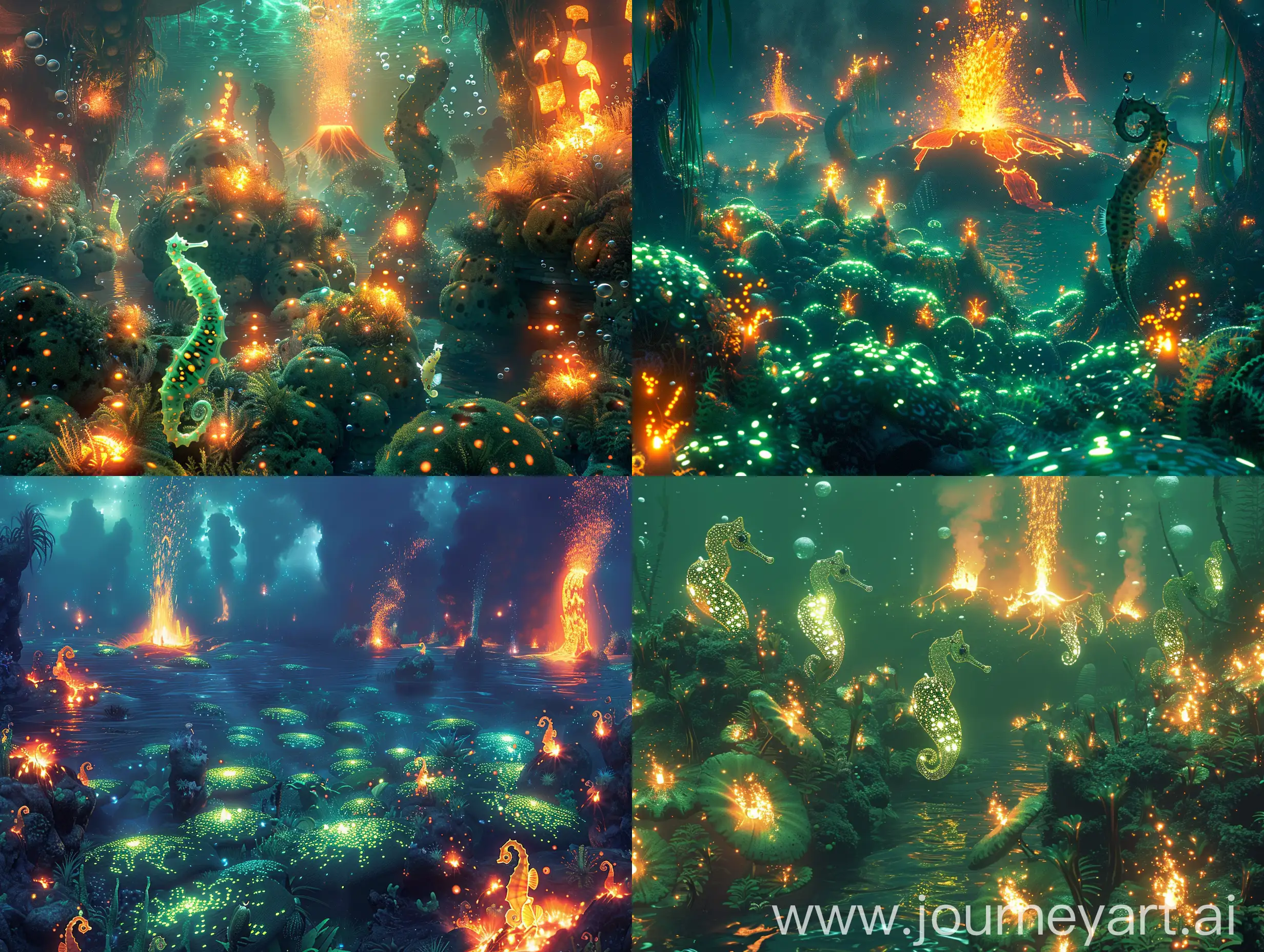 Подводное царство в мире огня, водоросли светятся яркими пятнами создавая таинственную атмосферу. Рыбы-фонарики и морские коники плавают среди мерцающих водорослей. Вдалеке виднеются вулканы извергающие потоки магмы в океан. Огненные пузыри поднимаются к поверхности освещая подводный мир яркими вспышками. Вокруг вулканов танцуют подводные создания, атмосфера наполнена теплом и волнением. --quality 2 --s 250